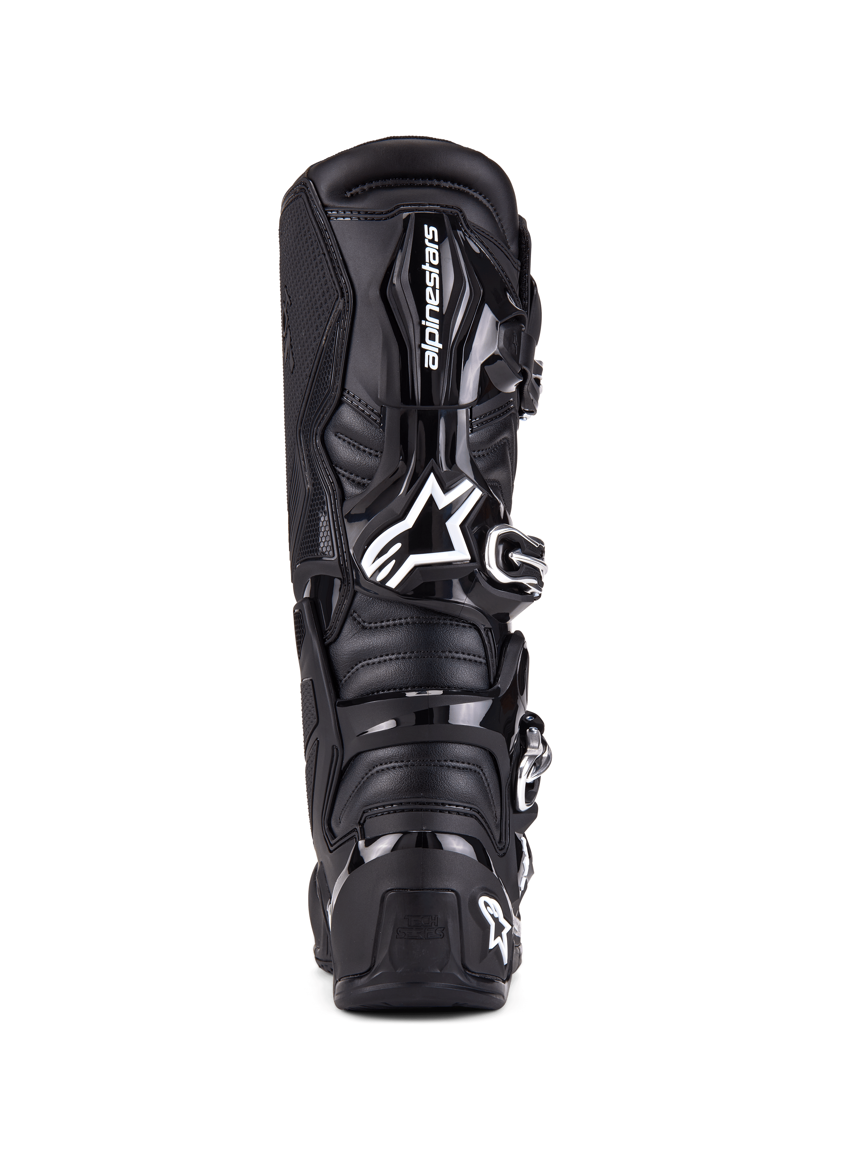 Alpinestars Botas Tech 7, botas de motocross, negro, vista trasera con protección de TPU, sistema de cierre de hebillas y marca distintiva