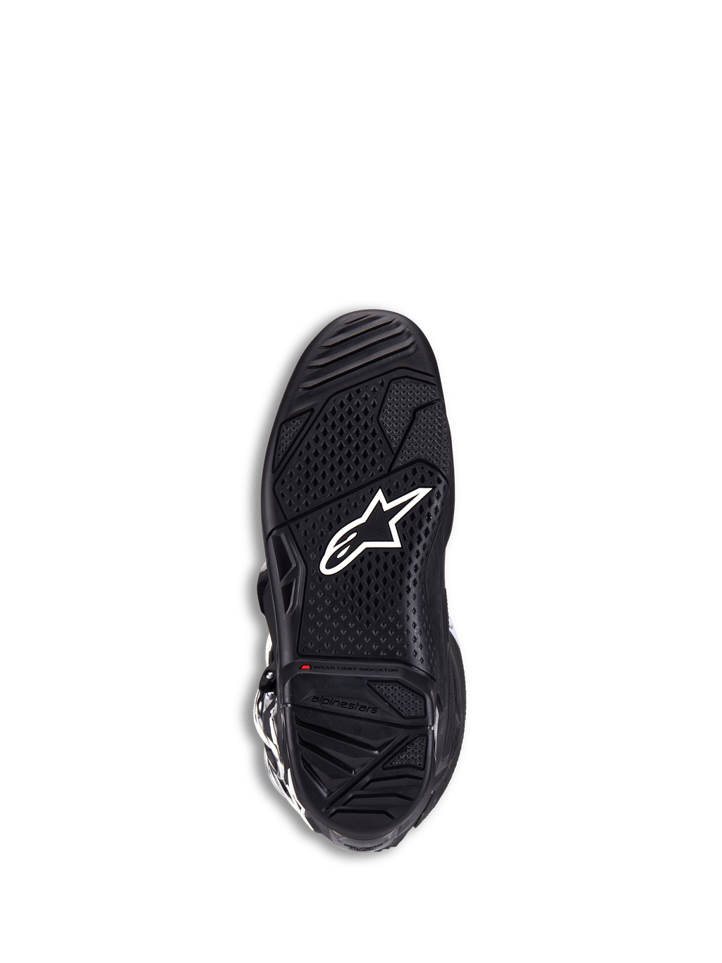 Alpinestars Tech 7 Boots, botas de motocross, negras, vista de la suela inferior con el logotipo de la estrella en blanco, caucho de doble compuesto texturizado para un agarre máximo e indicador rojo de límite de desgaste