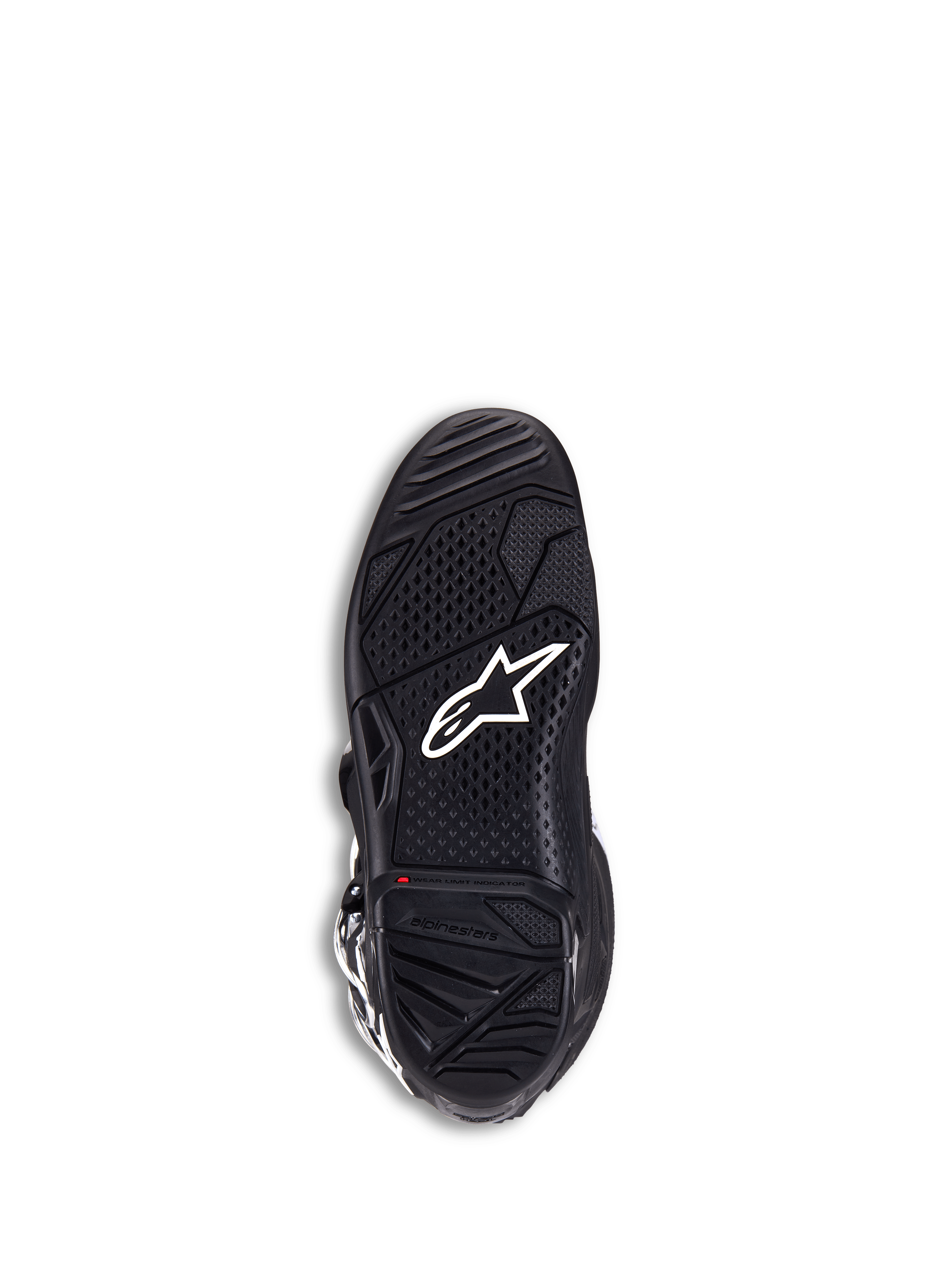 Alpinestars Tech 7 Boots, botas de motocross, negras, vista de la suela inferior con el logotipo de la estrella en blanco, caucho de doble compuesto texturizado para un agarre máximo e indicador rojo de límite de desgaste