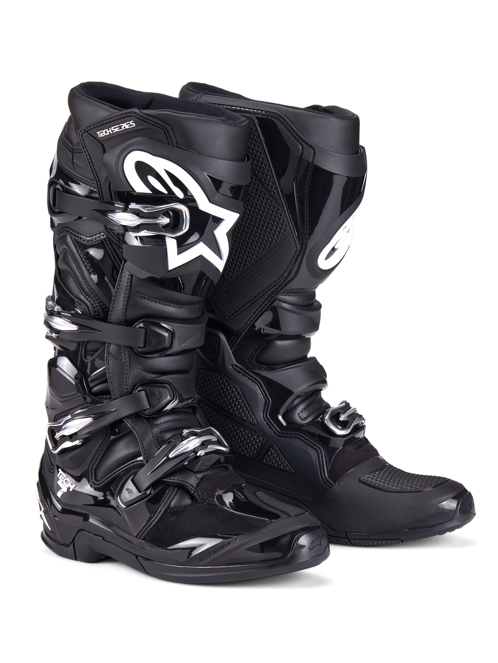 Botas Alpinestars Tech 7, botas de motocross, color negro, con una construcción robusta con sistema de cierre de cuatro hebillas, paneles protectores de TPU y el logotipo blanco de Alpinestars en la zona de la espinilla, calzado profesional off-road para carreras en tierra