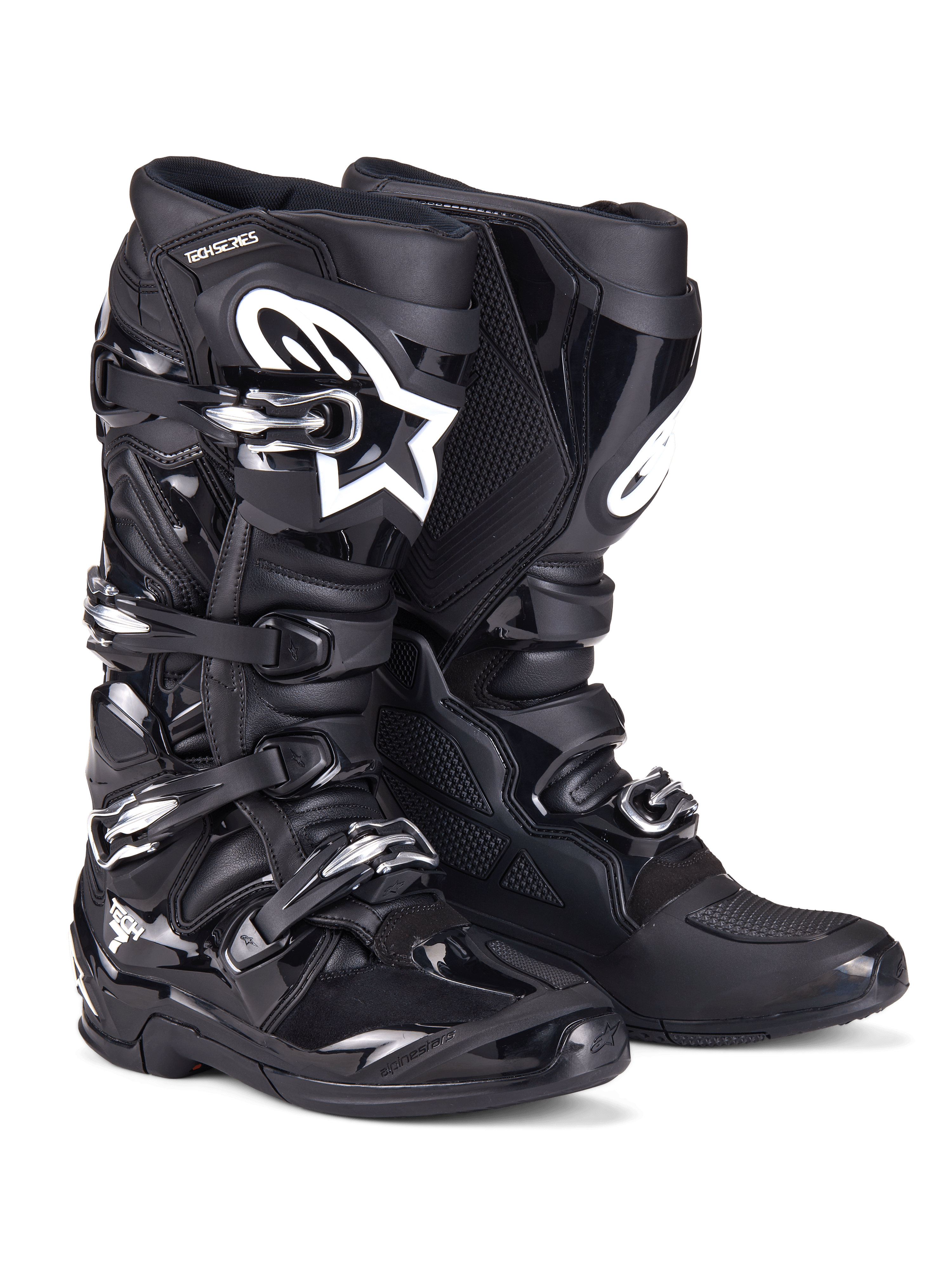Botas Alpinestars Tech 7, botas de motocross, color negro, con una construcción robusta con sistema de cierre de cuatro hebillas, paneles protectores de TPU y el logotipo blanco de Alpinestars en la zona de la espinilla, calzado profesional off-road para carreras en tierra