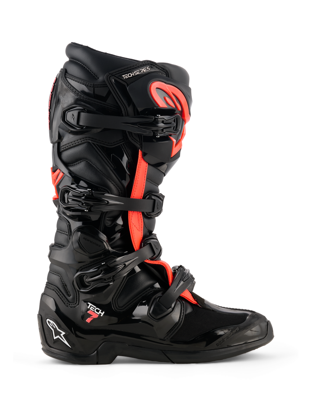Botas Alpinestars Tech 7, botas de motocross, negro y rojo flúor, vista de perfil lateral, con un sistema de cierre de cuatro hebillas, carcasa protectora de TPU con marca 'Tech 7' y logotipo blanco de Astars en el talón, calzado duradero para carreras todoterreno