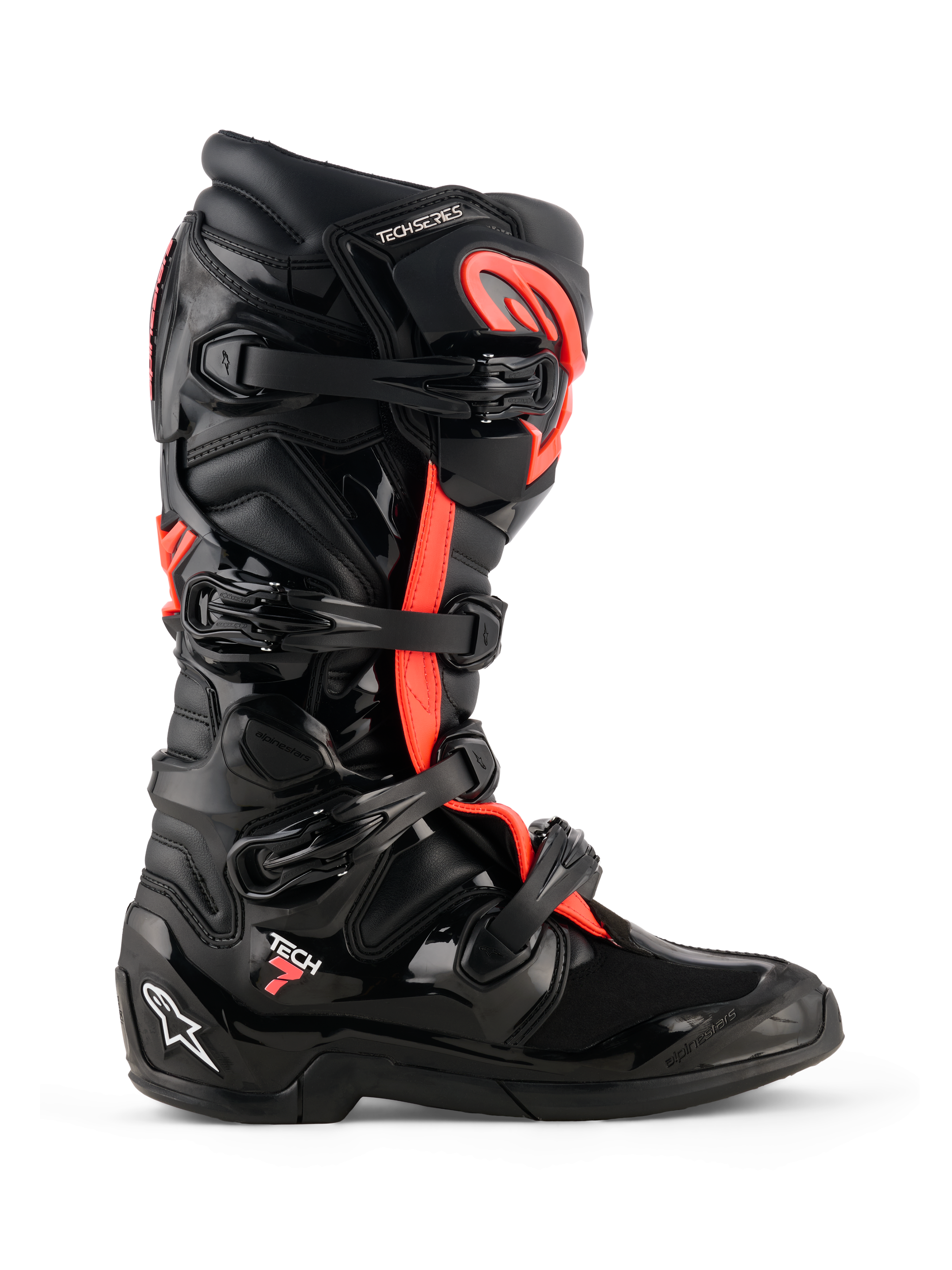 Alpinestars Tech 7 Boots, Motocross Boots, Black and Red Fluo, side profile view, featuring a four-buckle closure system, TPU protective shell with 'Tech 7' branding and white Astars logo on the heel, durable off-road racing footwear.