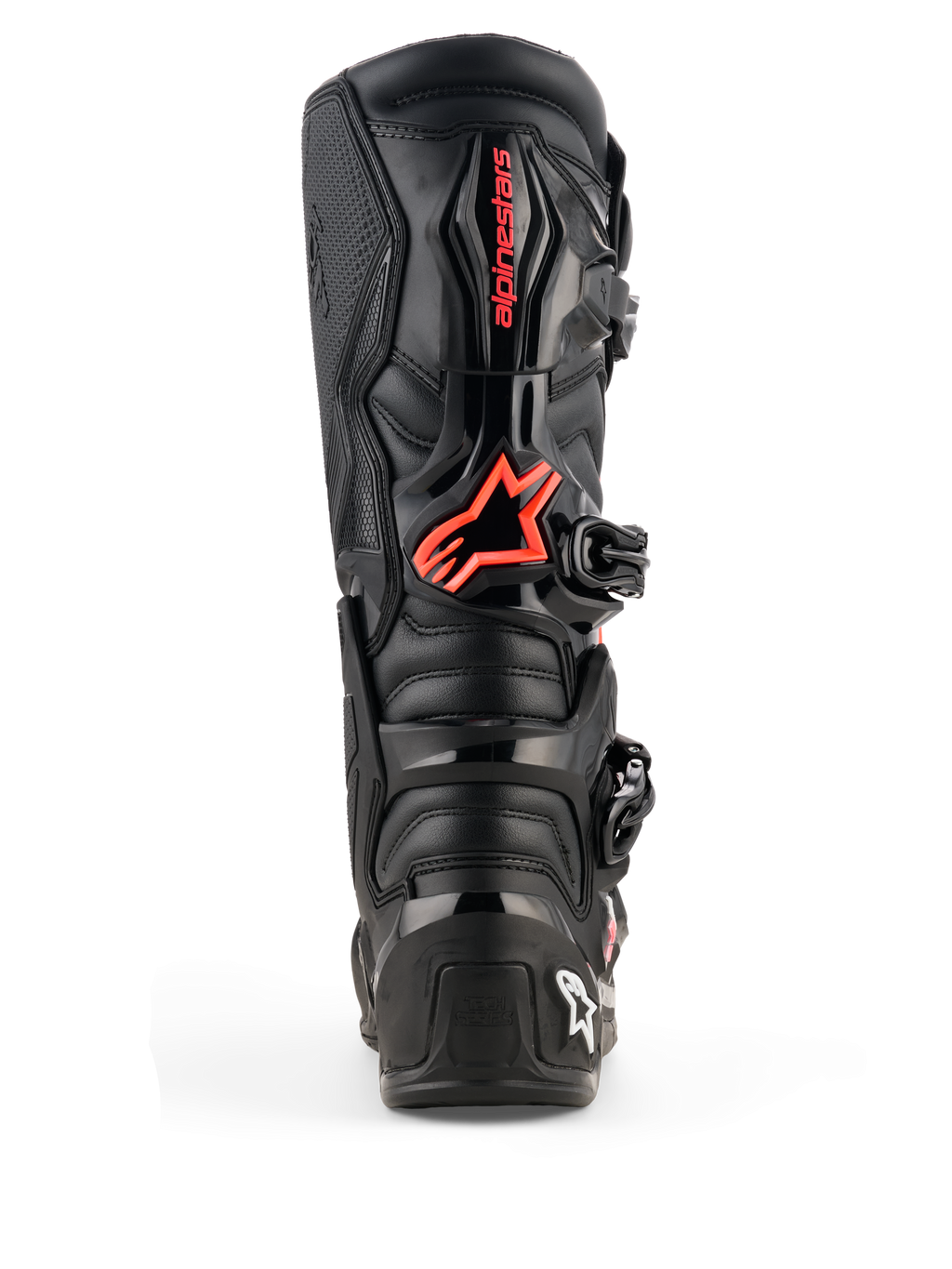 Botas Alpinestars Tech 7, botas de motocross, negro y rojo flúor, vista trasera con placas protectoras de TPU, logotipo rojo de Alpinestars en la pantorrilla y construcción duradera para rendimiento todoterreno
