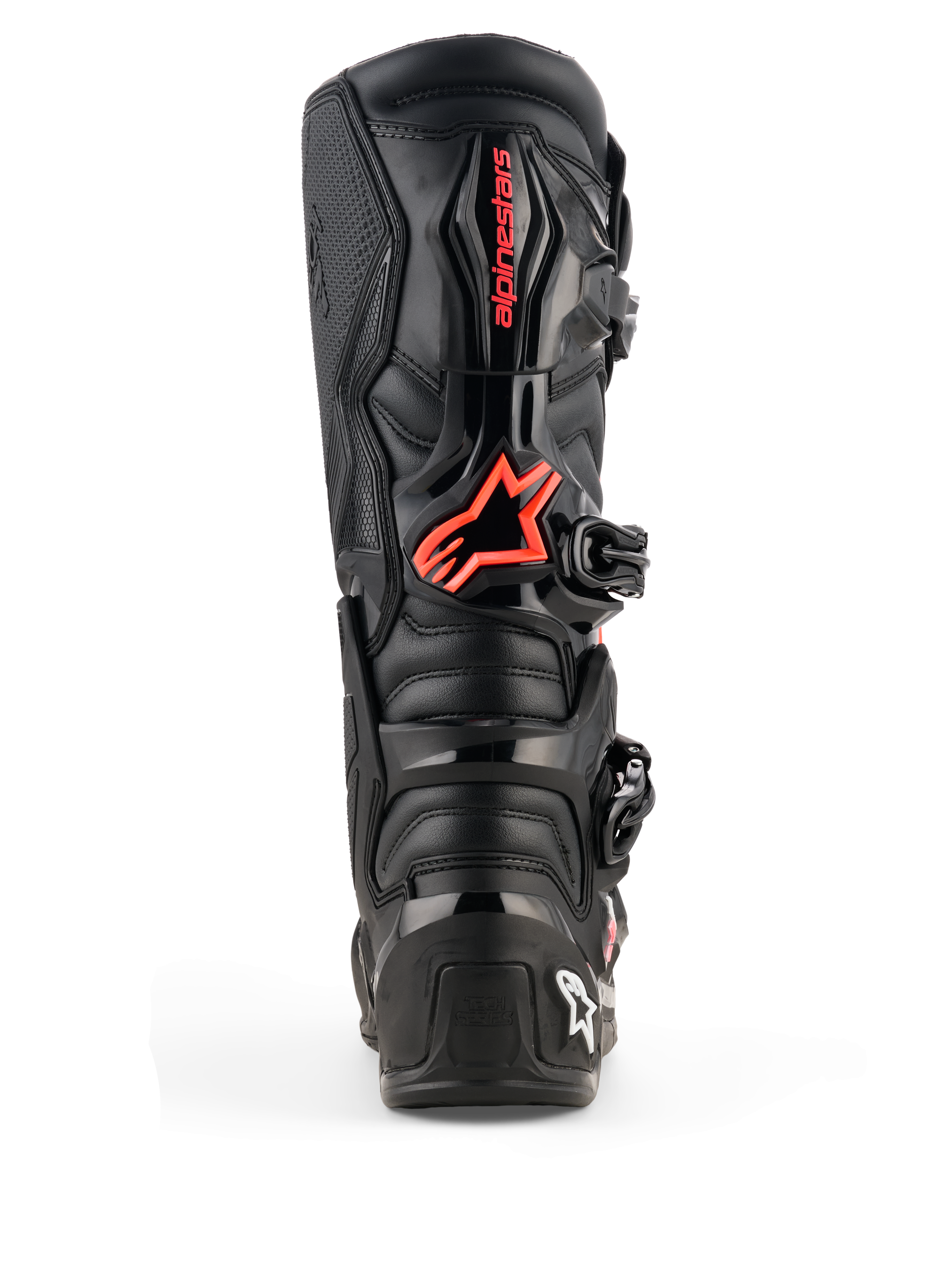 Botas Alpinestars Tech 7, botas de motocross, negro y rojo flúor, vista trasera con placas protectoras de TPU, logotipo rojo de Alpinestars en la pantorrilla y construcción duradera para rendimiento todoterreno
