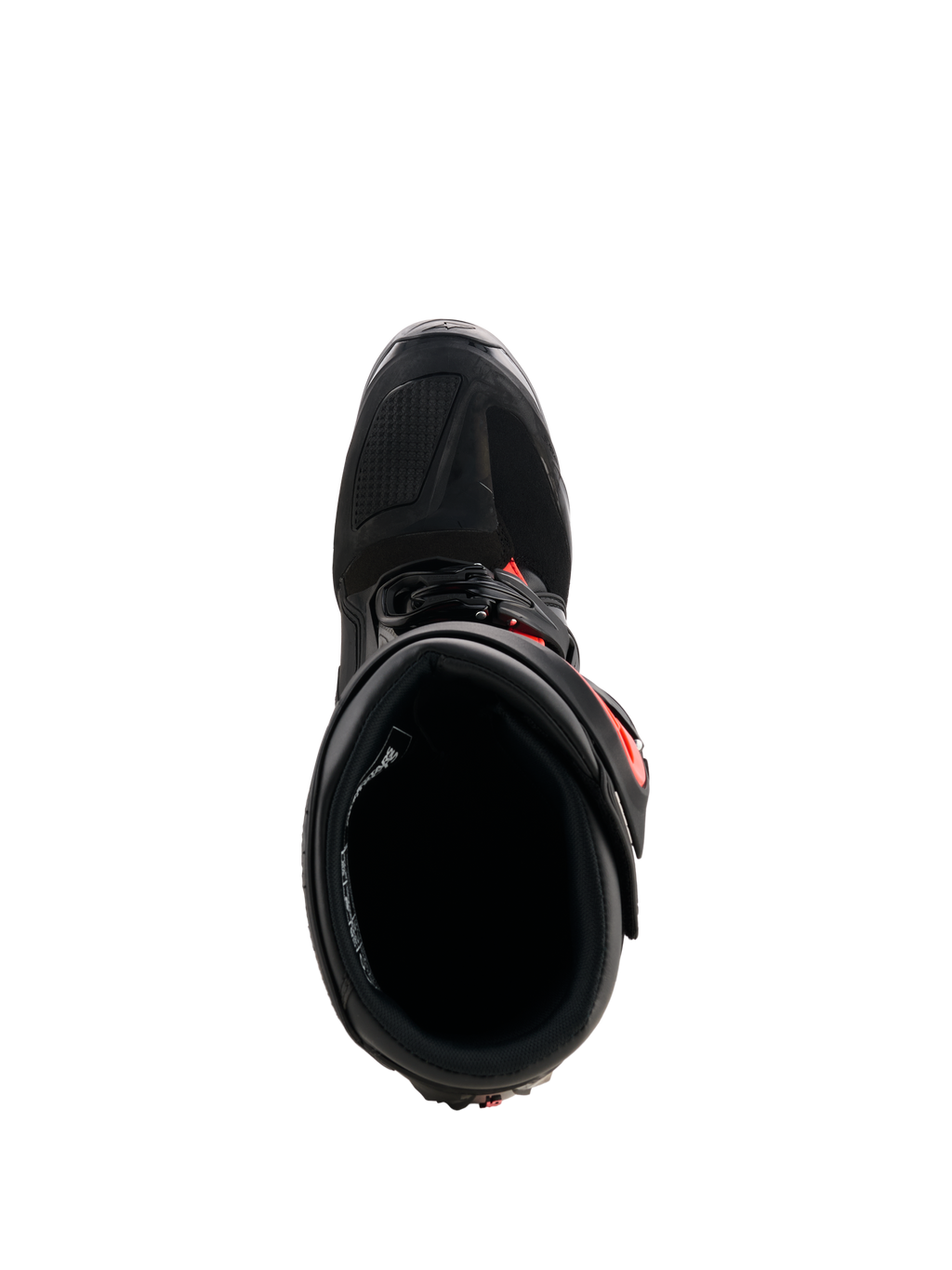 Botas Alpinestars Tech 7, botas de motocross, negro y rojo flúor, vista superior que muestra el forro interior y el sistema de cierre, construcción duradera de TPU con detalles en rojo vibrante para un rendimiento de competición off-road