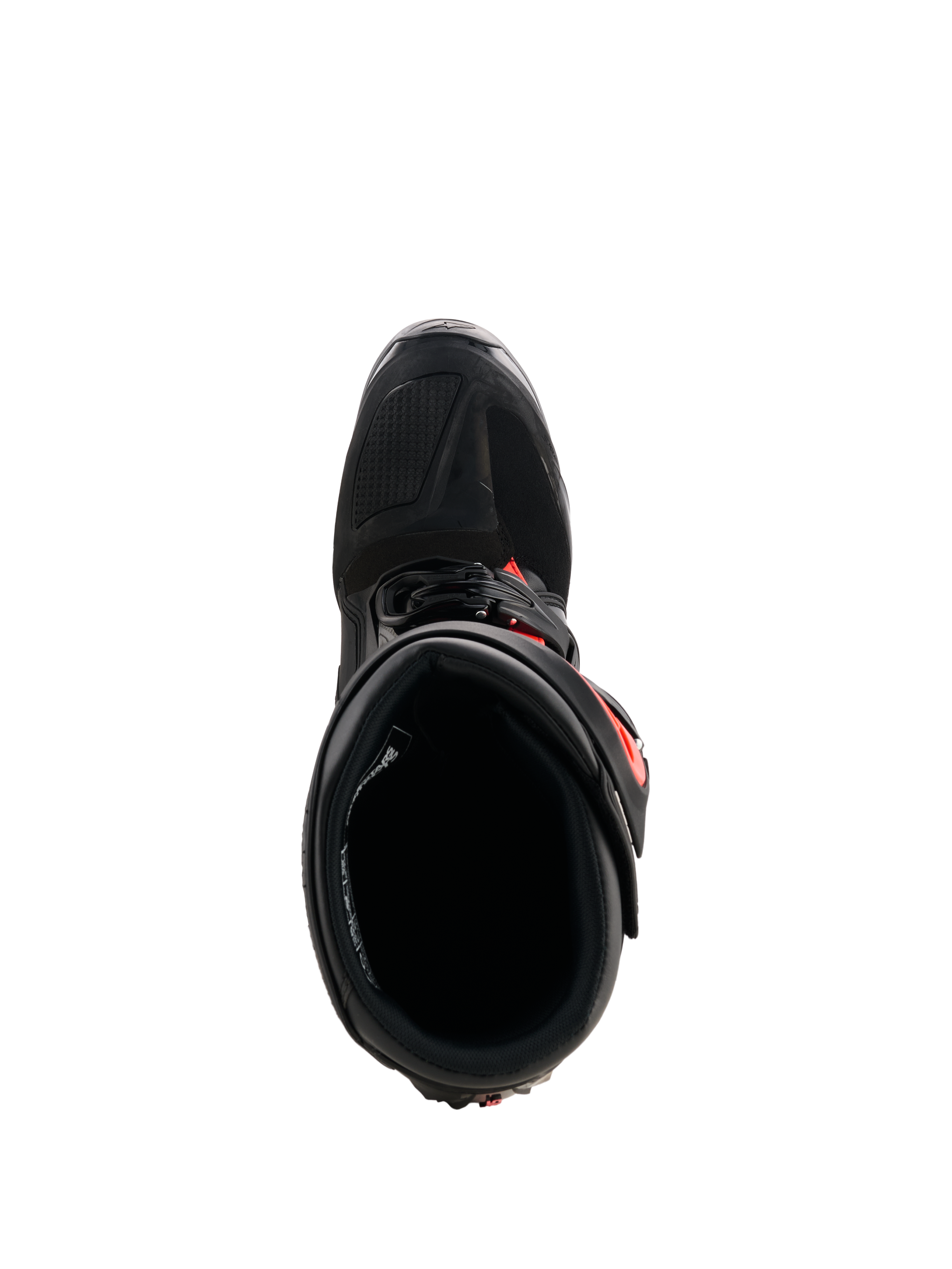 Botas Alpinestars Tech 7, botas de motocross, negro y rojo flúor, vista superior que muestra el forro interior y el sistema de cierre, construcción duradera de TPU con detalles en rojo vibrante para un rendimiento de competición off-road