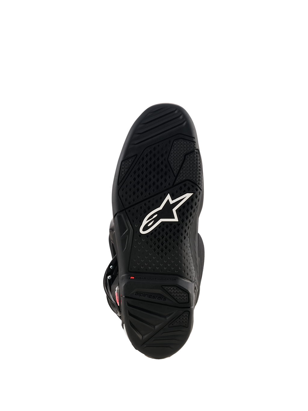 Botas Alpinestars Tech 7, vista de la suela de goma negra, con logotipo Astar blanco, dibujo de la suela texturizado e indicador rojo de límite de desgaste para rendimiento en motocross