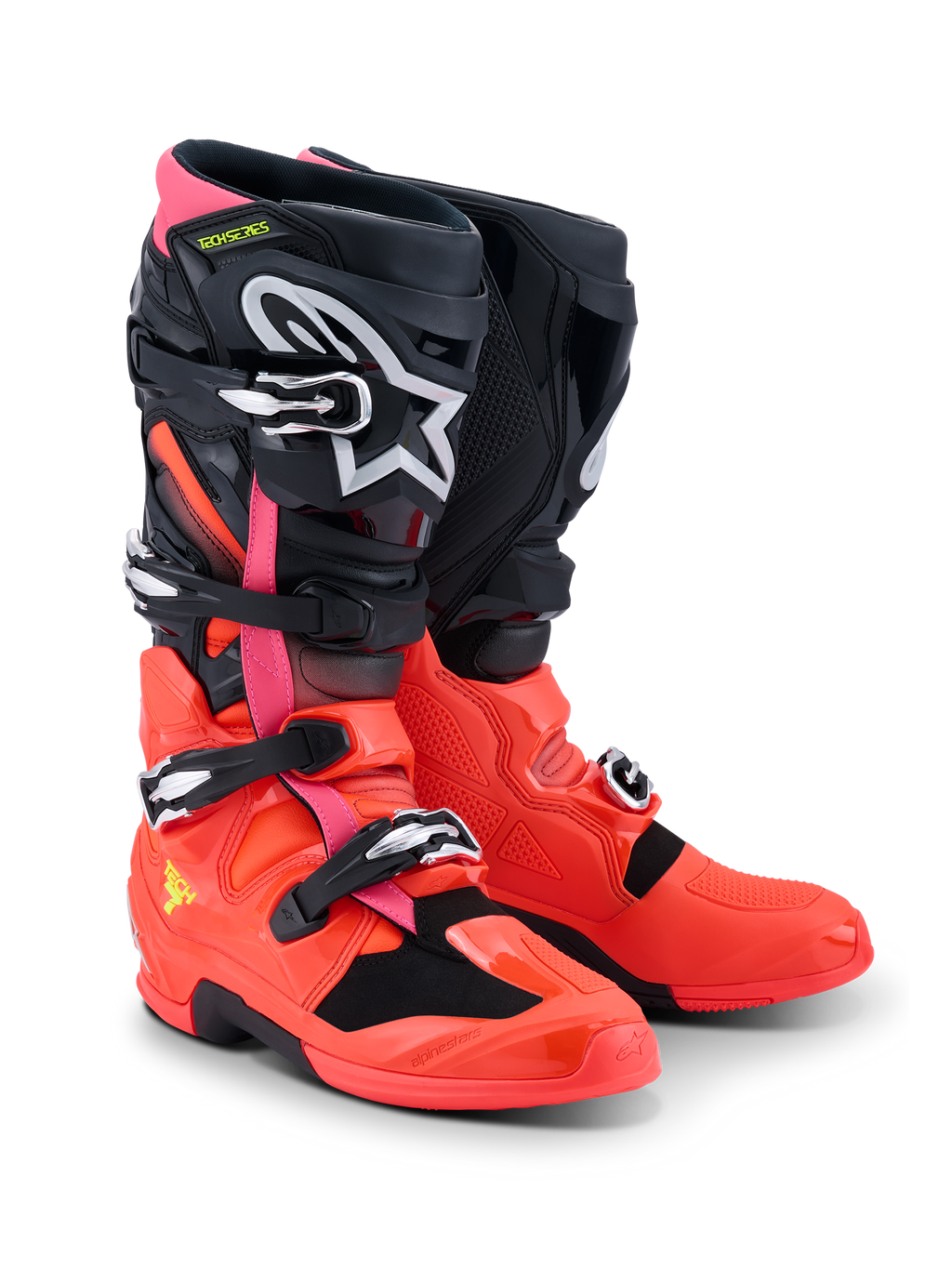 Botas Alpinestars Tech 7, botas de motocross, negro, rojo flúor y rosa flúor, con hebillas de liberación rápida, sistema de doble pivote y carcasa protectora de TPU, equipo de rendimiento duradero para conducción off-road