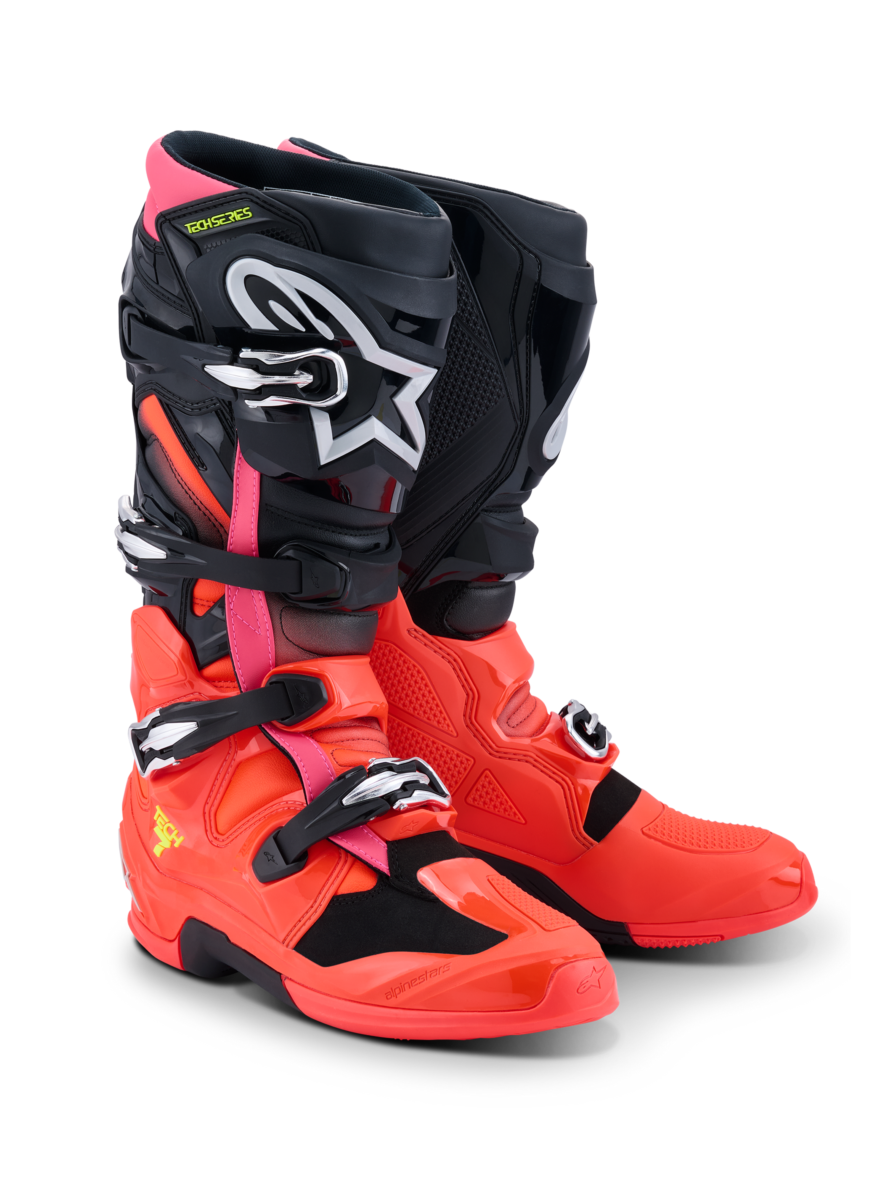 Botas Alpinestars Tech 7, botas de motocross, negro, rojo flúor y rosa flúor, con hebillas de liberación rápida, sistema de doble pivote y carcasa protectora de TPU, equipo de rendimiento duradero para conducción off-road