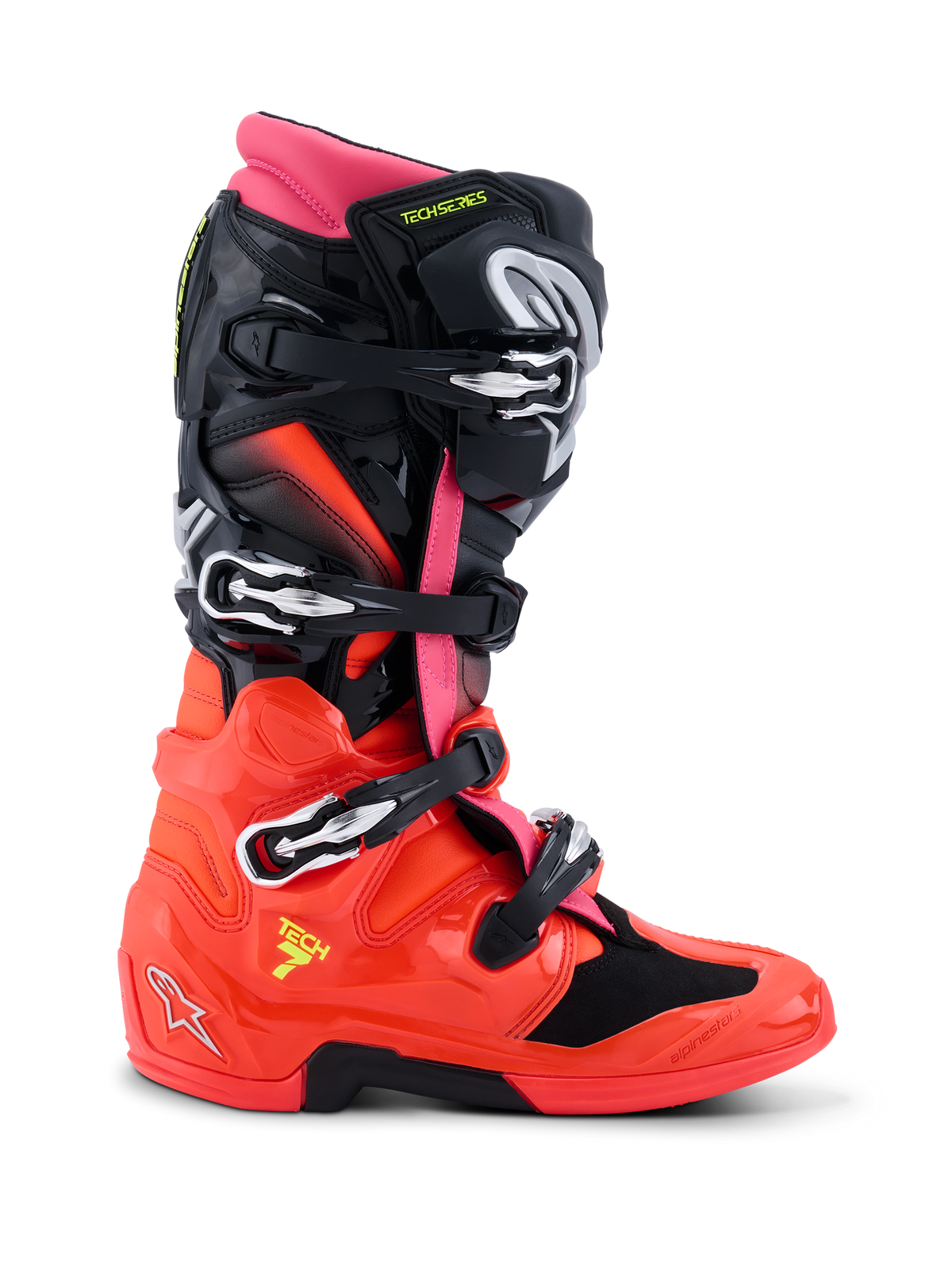 Botas Alpinestars Tech 7, botas de motocross, negro, rojo fluo y rosa fluo, perfil lateral que muestra el diseño técnico con hebillas de liberación rápida, carcasa inferior de TPU brillante y sistema de doble pivote para carreras off-road.