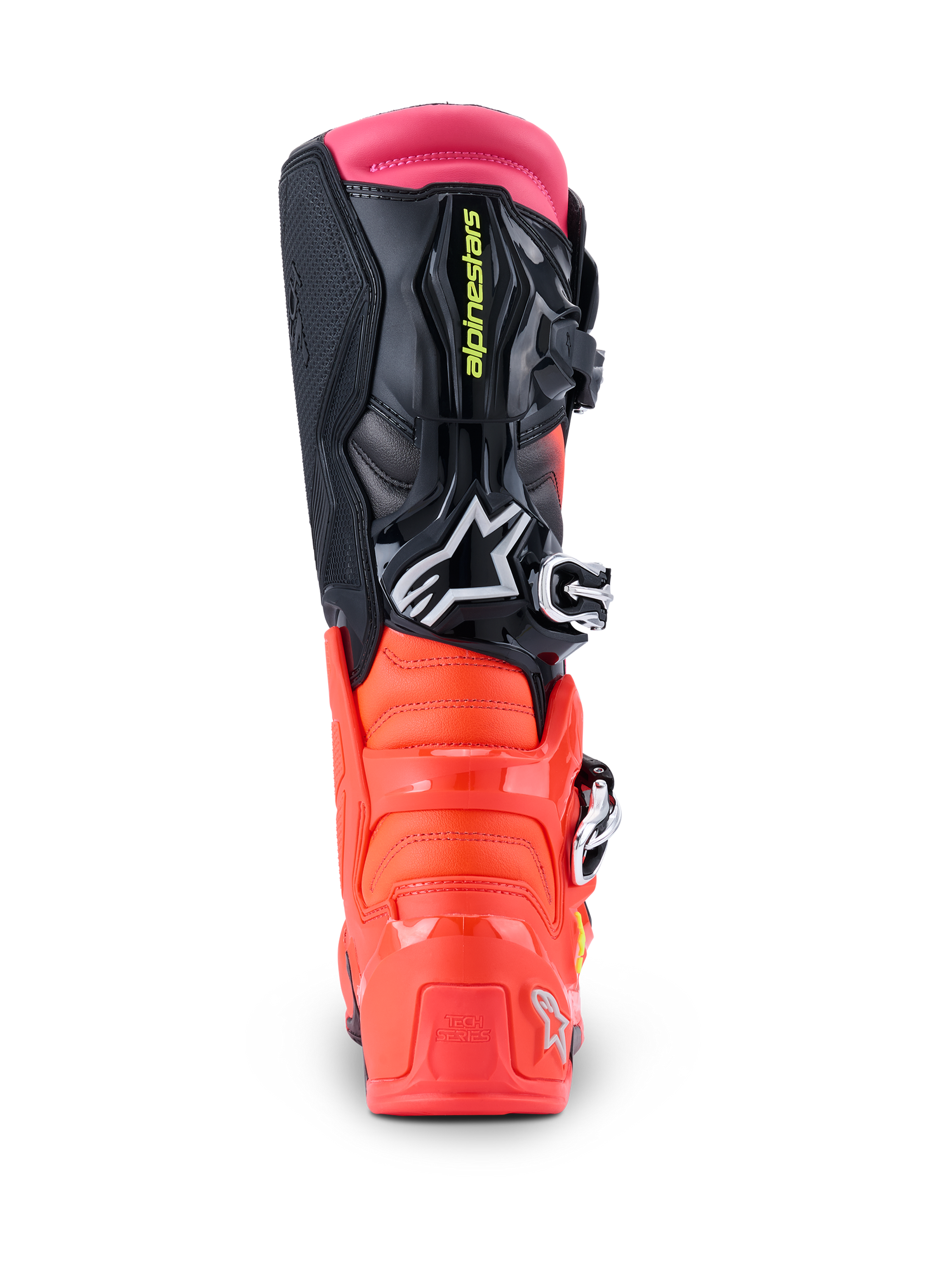 Botas Alpinestars Tech 7, botas de motocross, negro, rojo flúor y rosa flúor, vista posterior que muestra el talón de TPU reforzado, la parte superior multimaterial y la polaina superior rosa flúor.