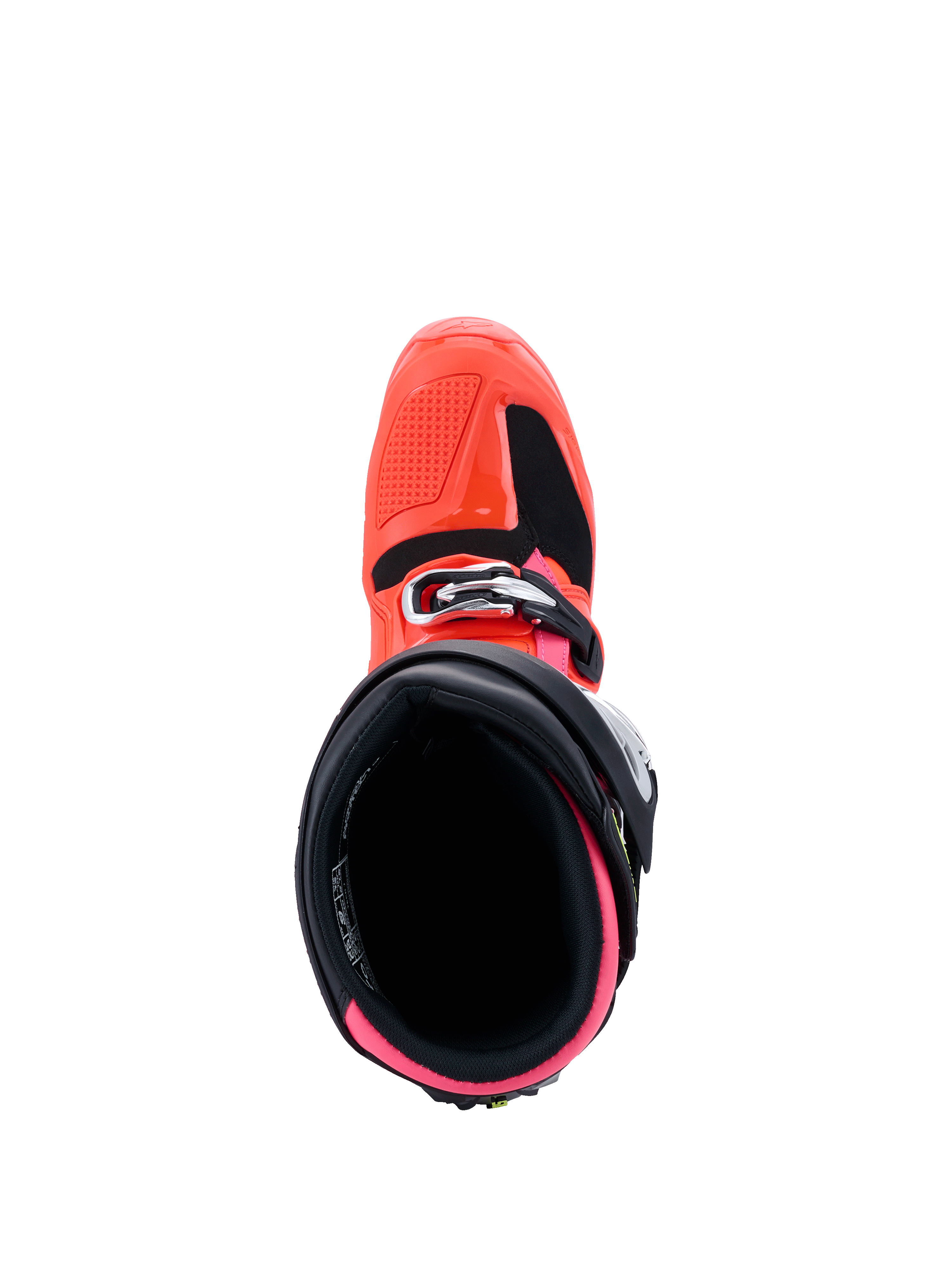 Botas Alpinestars Tech 7, Colección MX26, botas de motocross, negro, rojo fluo y rosa fluo, vista cenital del interior de la bota, con forro rosa fluorescente y carcasa exterior rojo fluo con cierre de hebilla