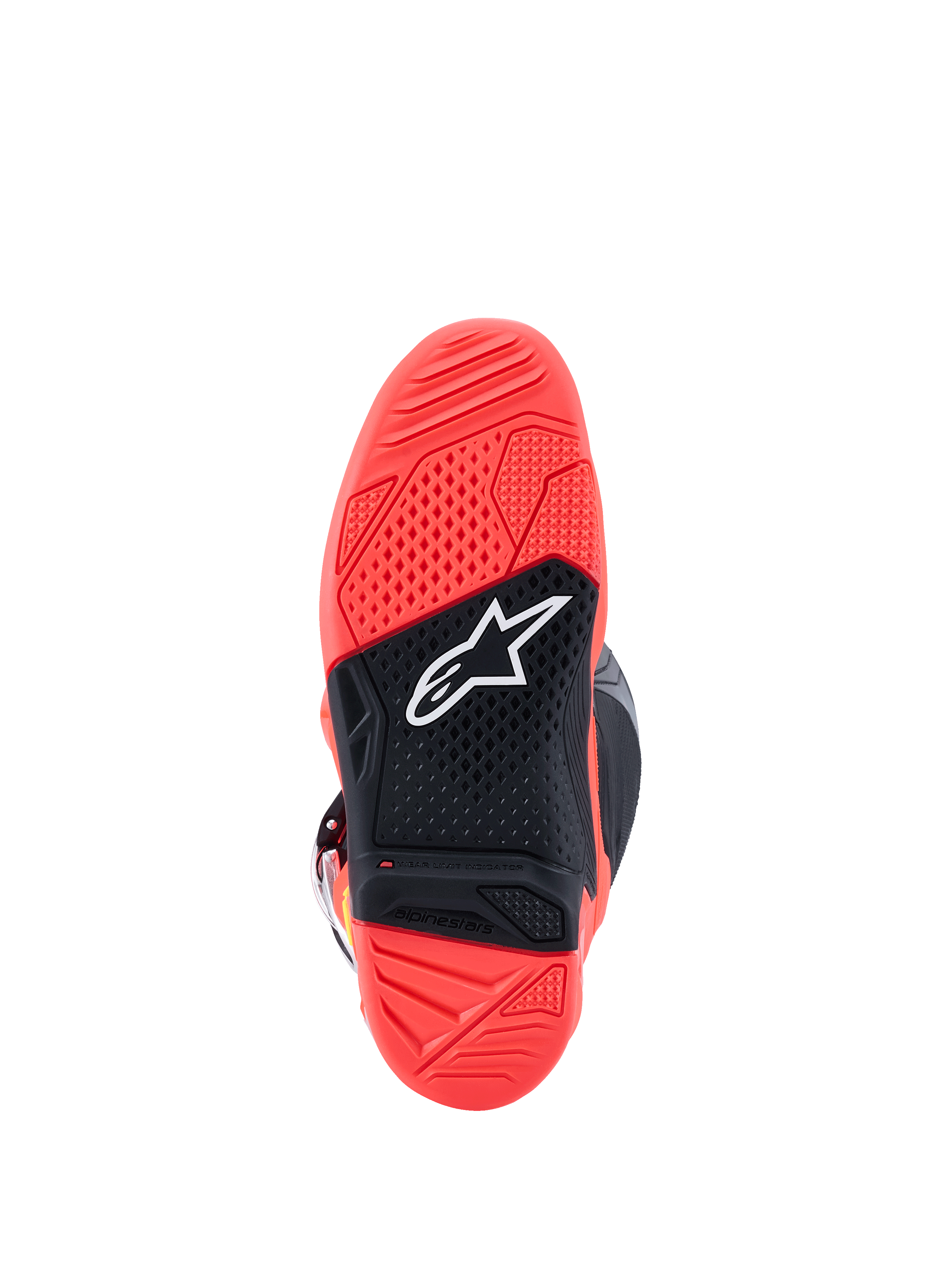 Botas Alpinestars Tech 7, vista de la suela, rojo flúor brillante y negro, con una suela de goma texturizada de doble compuesto, logotipo de estrella de Alpinestars en blanco e indicador de límite de desgaste
