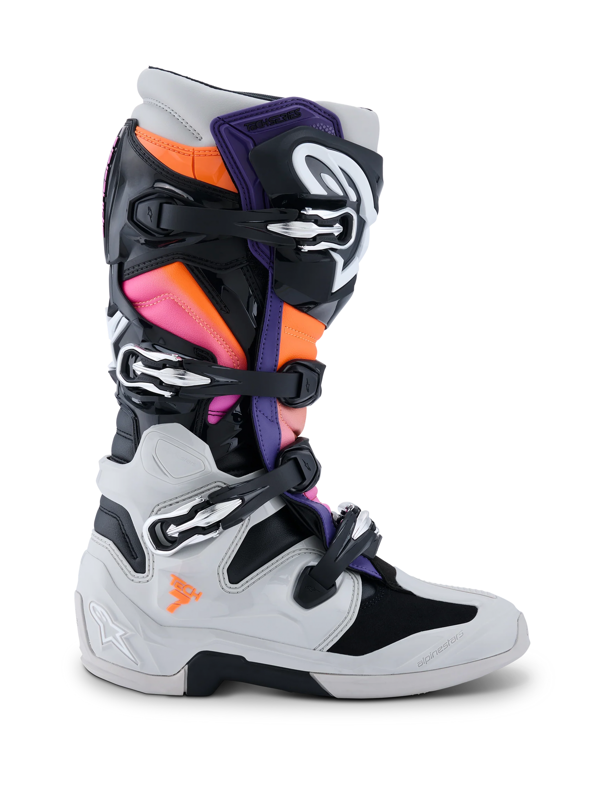 Botas Alpinestars Tech 7, botas de motocross, negro, gris claro, naranja flúor y magenta, vista lateral, con sistema de cierre de hebillas múltiples, carcasa protectora de TPU y paneles de colores vibrantes para carreras de motocross