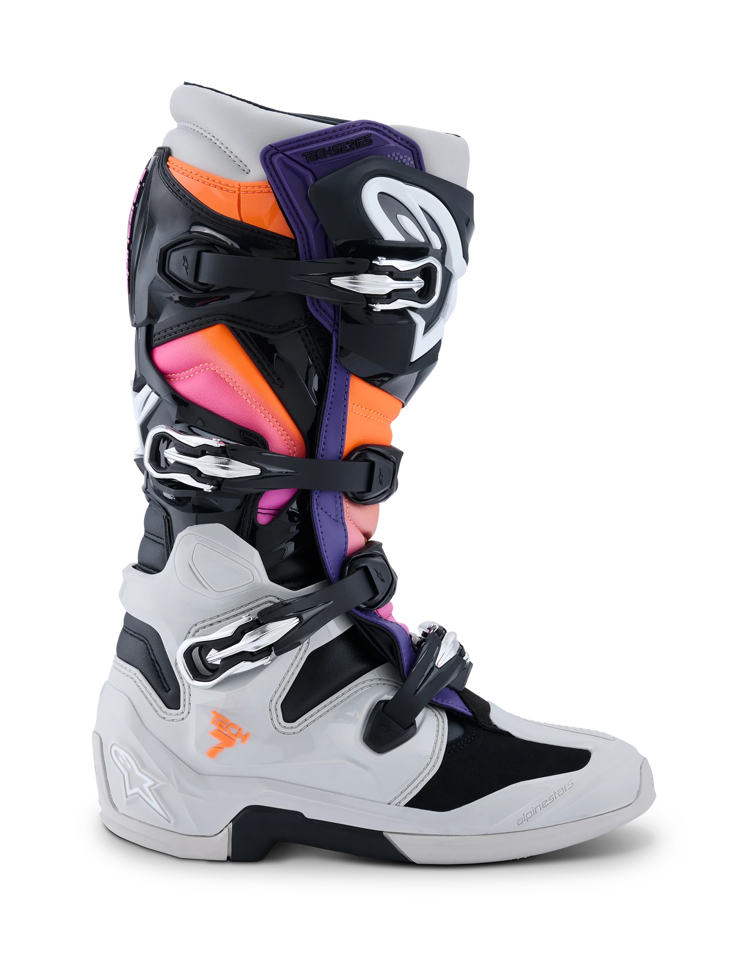 Botas Alpinestars Tech 7, botas de motocross, negro, gris claro, naranja flúor y magenta, vista lateral, con sistema de cierre de hebillas múltiples, carcasa protectora de TPU y paneles de colores vibrantes para carreras de motocross