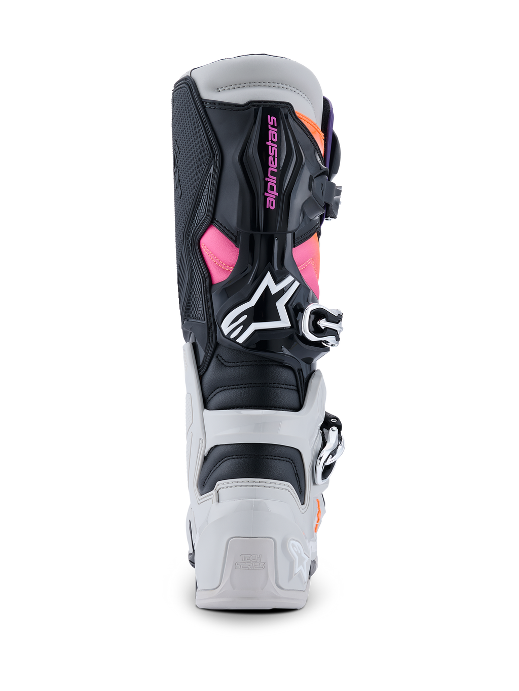 Botas Alpinestars Tech 7, botas de motocross, negro, gris claro, naranja flúor y magenta, vista trasera que muestra los protectores de TPU en el talón y la pantorrilla, marca Alpinestars en rosa, logotipo blanco y sistema de hebillas duradero
