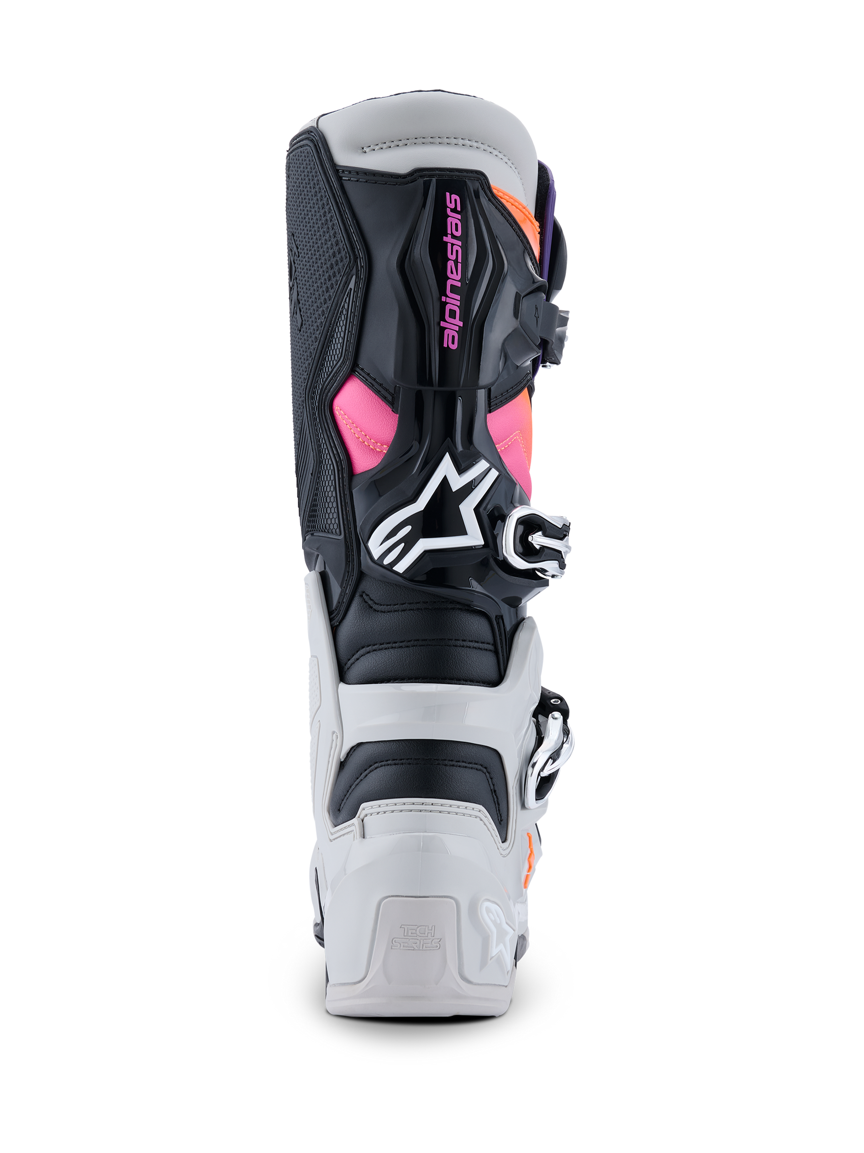 Botas Alpinestars Tech 7, botas de motocross, negro, gris claro, naranja flúor y magenta, vista trasera que muestra los protectores de TPU en el talón y la pantorrilla, marca Alpinestars en rosa, logotipo blanco y sistema de hebillas duradero