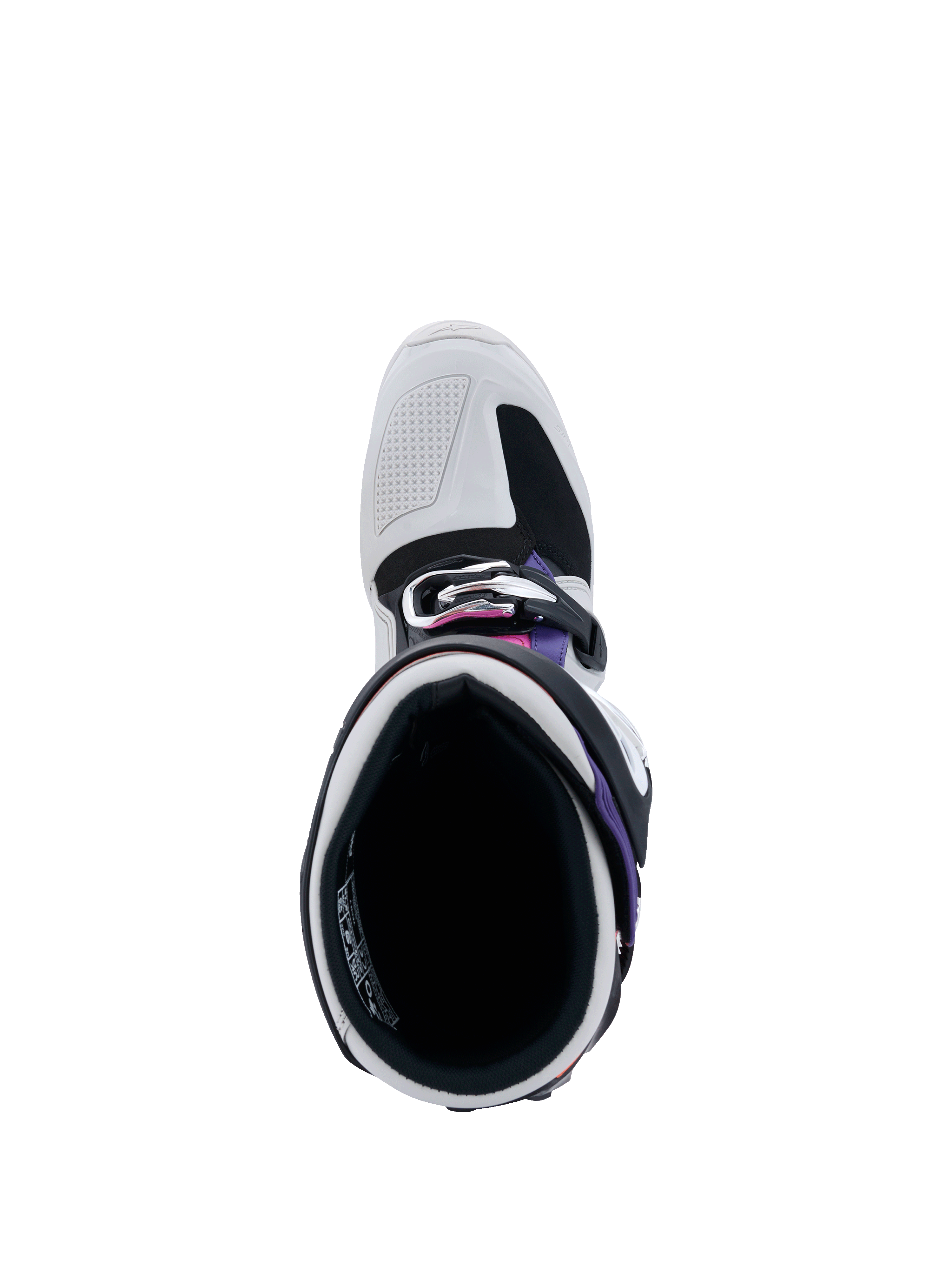 Botas Alpinestars Tech 7, vista superior de la apertura de la bota, gris claro y negro con detalles en púrpura y magenta, muestra el acolchado interior, el sistema de hebillas y la puntera reforzada para carreras off-road