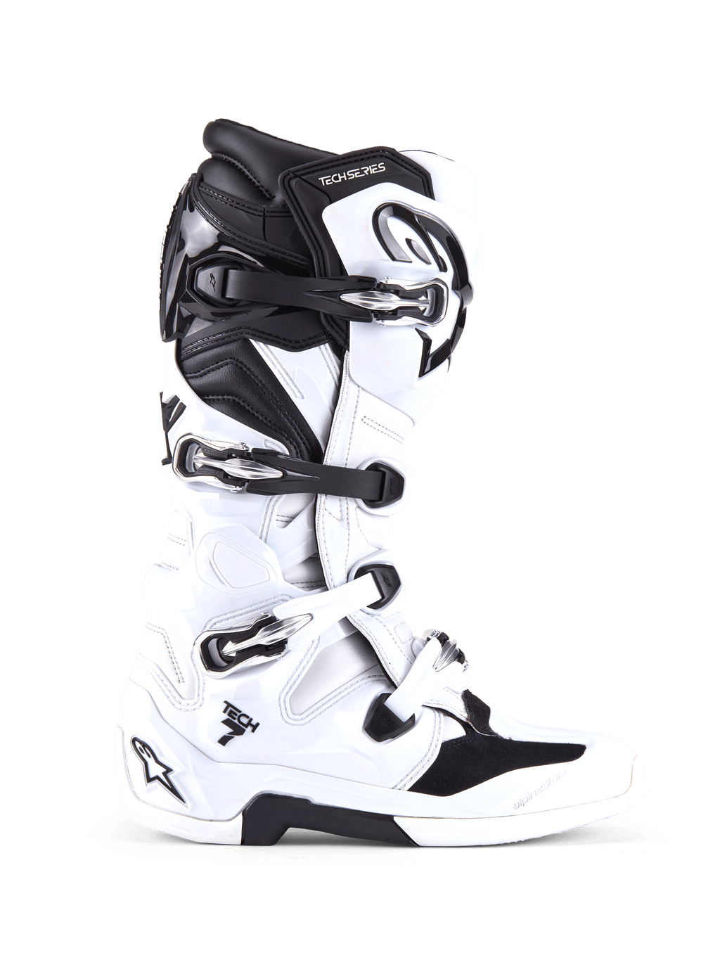 Botas Alpinestars Tech 7, botas de motocross y off-road, blancas y negras, con cuatro hebillas ajustables y carcasa de TPU reforzada, perfil lateral de calzado profesional para todoterreno
