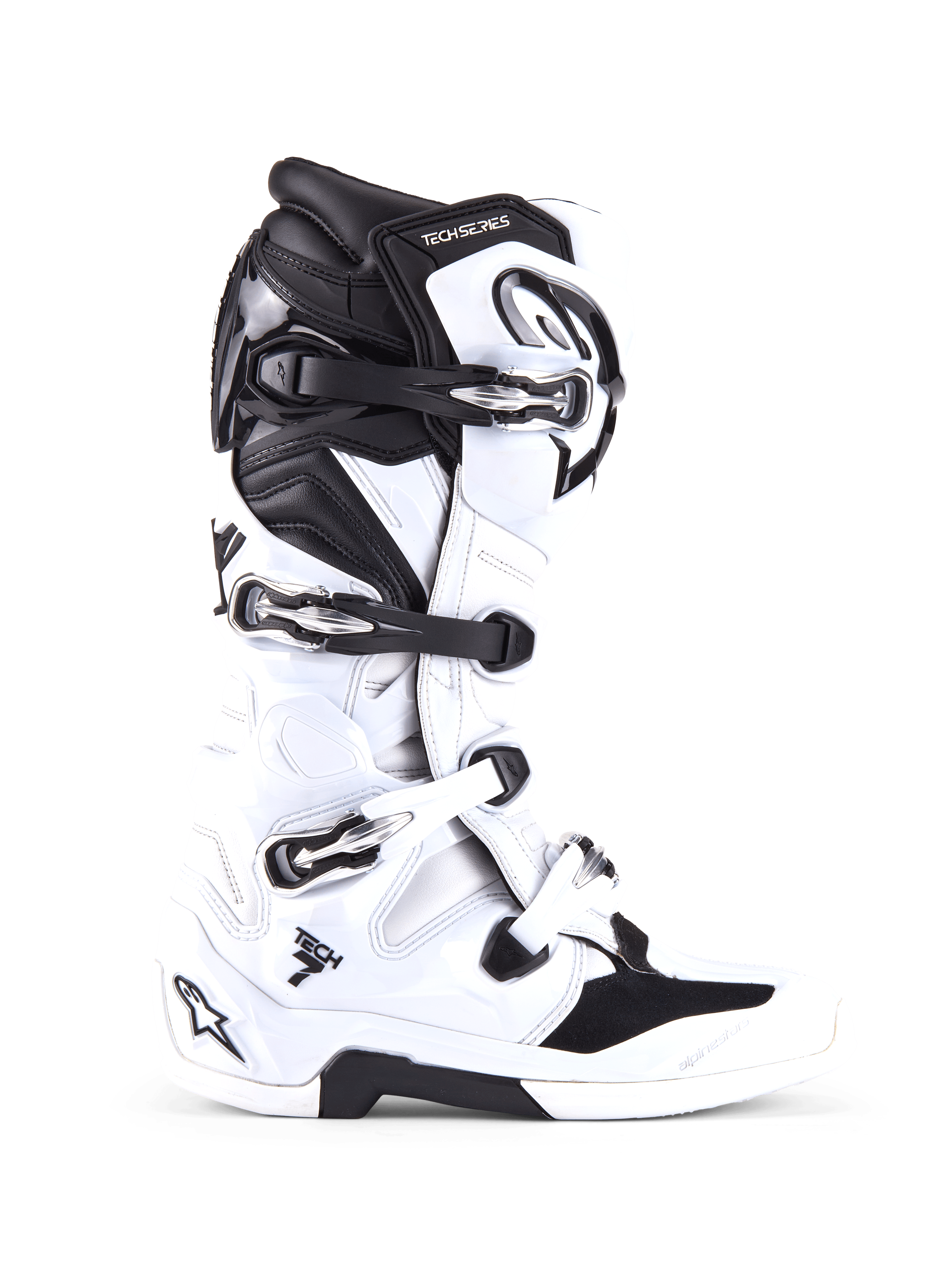 Botas Alpinestars Tech 7, botas de motocross y off-road, blancas y negras, con cuatro hebillas ajustables y carcasa de TPU reforzada, perfil lateral de calzado profesional para todoterreno