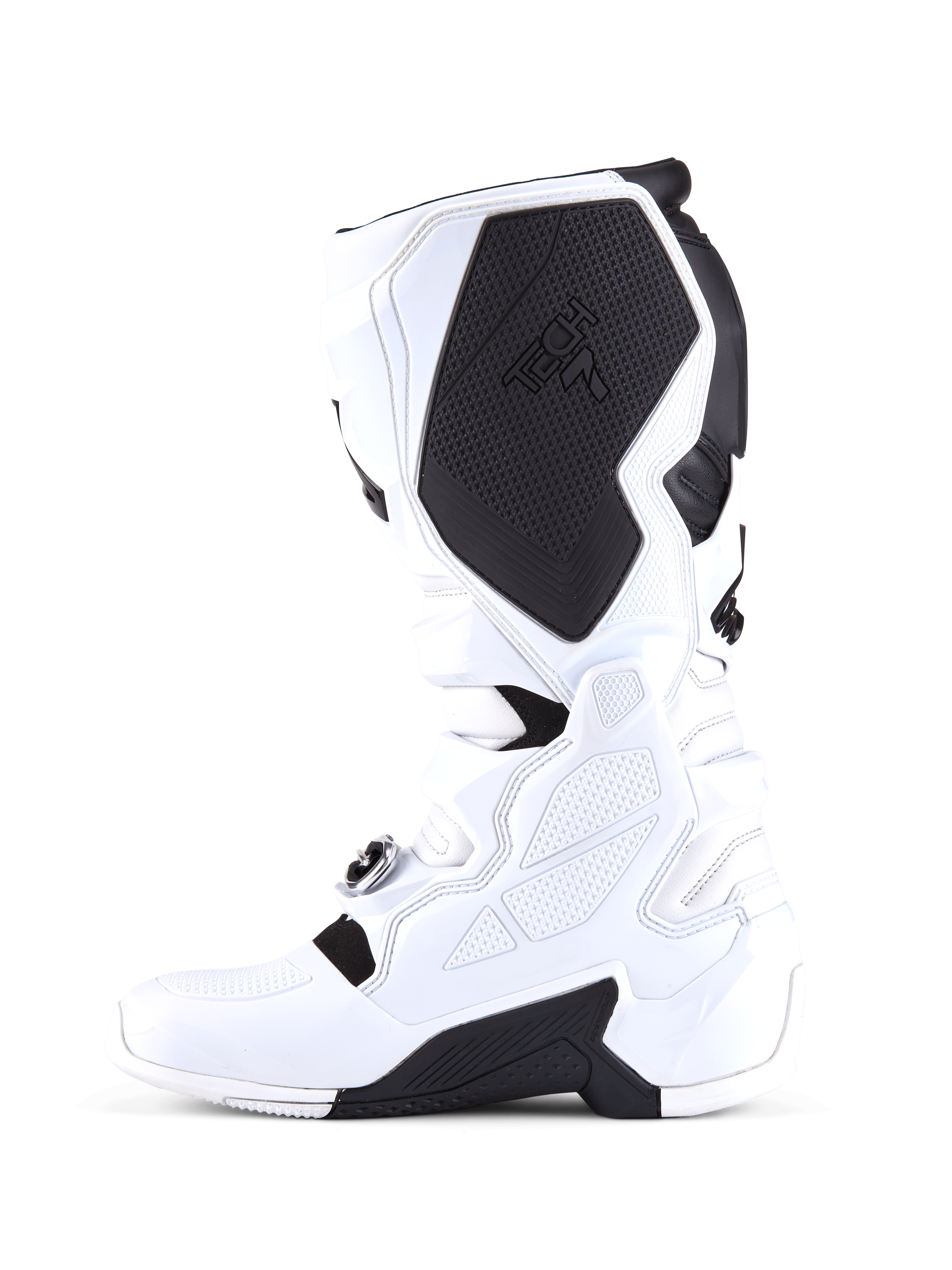 Botas Alpinestars Tech 7, botas de motocross, blancas y negras, perfil lateral medial que presenta un gran panel de protección interno para la pantorrilla con la marca Tech 7, construcción en TPU blanco y superficies de agarre texturizadas.