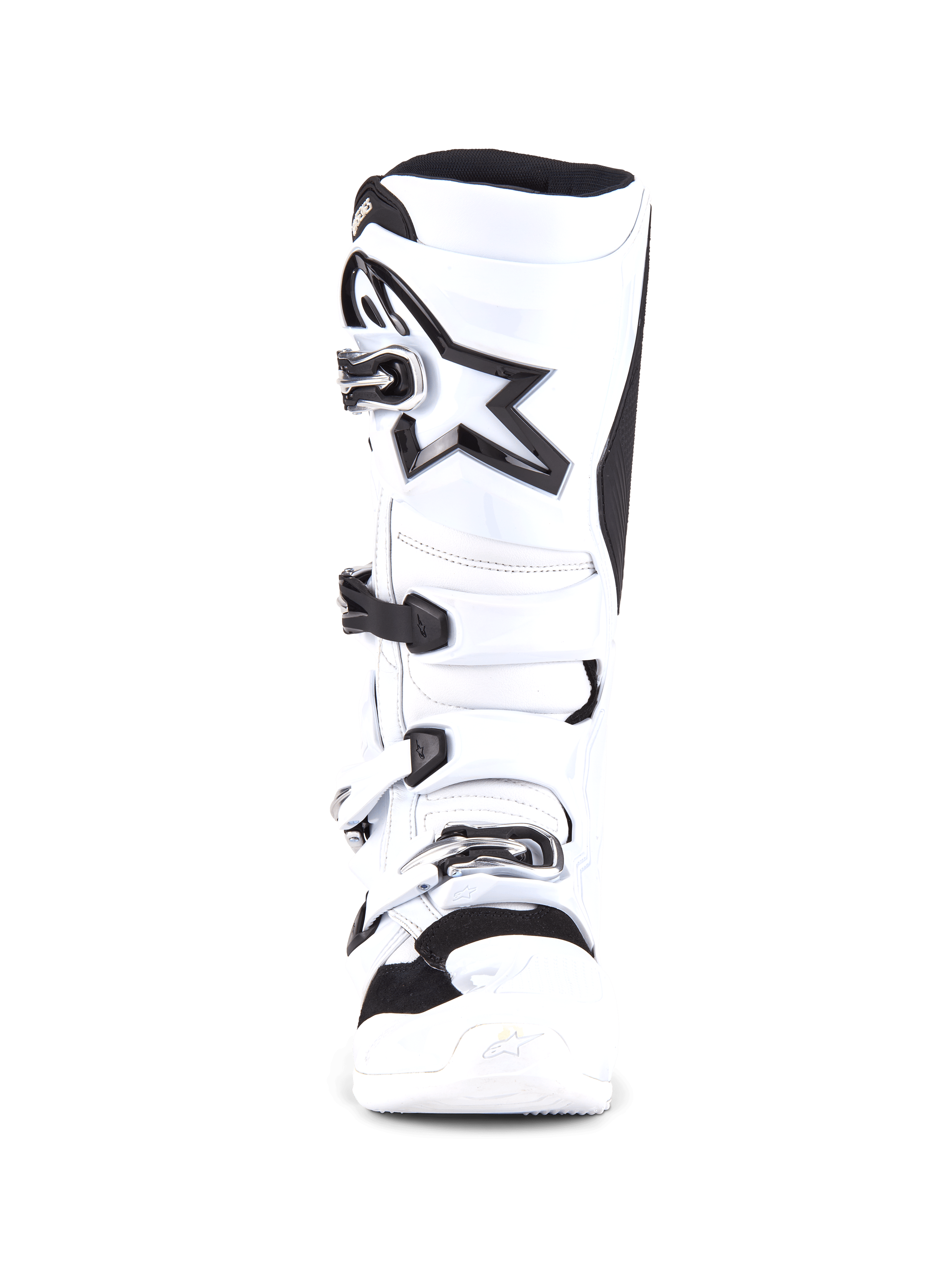 Botas Alpinestars Tech 7, botas de motocross, blancas y negras, vista frontal con sistema de cierre de cuatro hebillas, logotipo de estrella negra grande en la espinilla, carcasa protectora de TPU y puntera reforzada para carreras de motocross