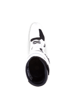 Botas Alpinestars Tech 7, botas de motocross, blanco y negro, vista superior que muestra la apertura interior y la zona de la puntera, construcción duradera de TPU con detalles de hebillas, calzado profesional para carreras off-road