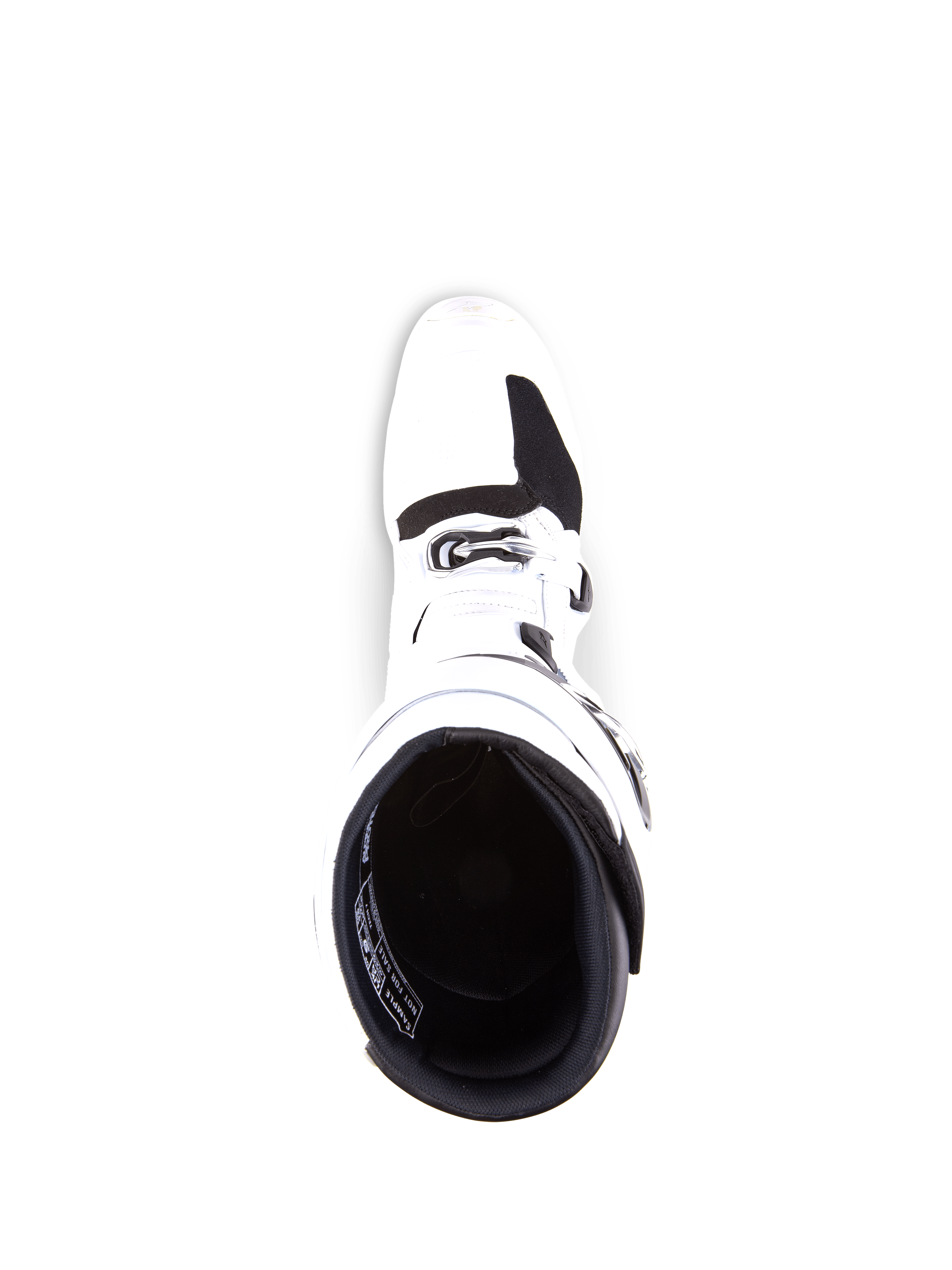 Botas Alpinestars Tech 7, botas de motocross, blanco y negro, vista superior que muestra la apertura interior y la zona de la puntera, construcción duradera de TPU con detalles de hebillas, calzado profesional para carreras off-road