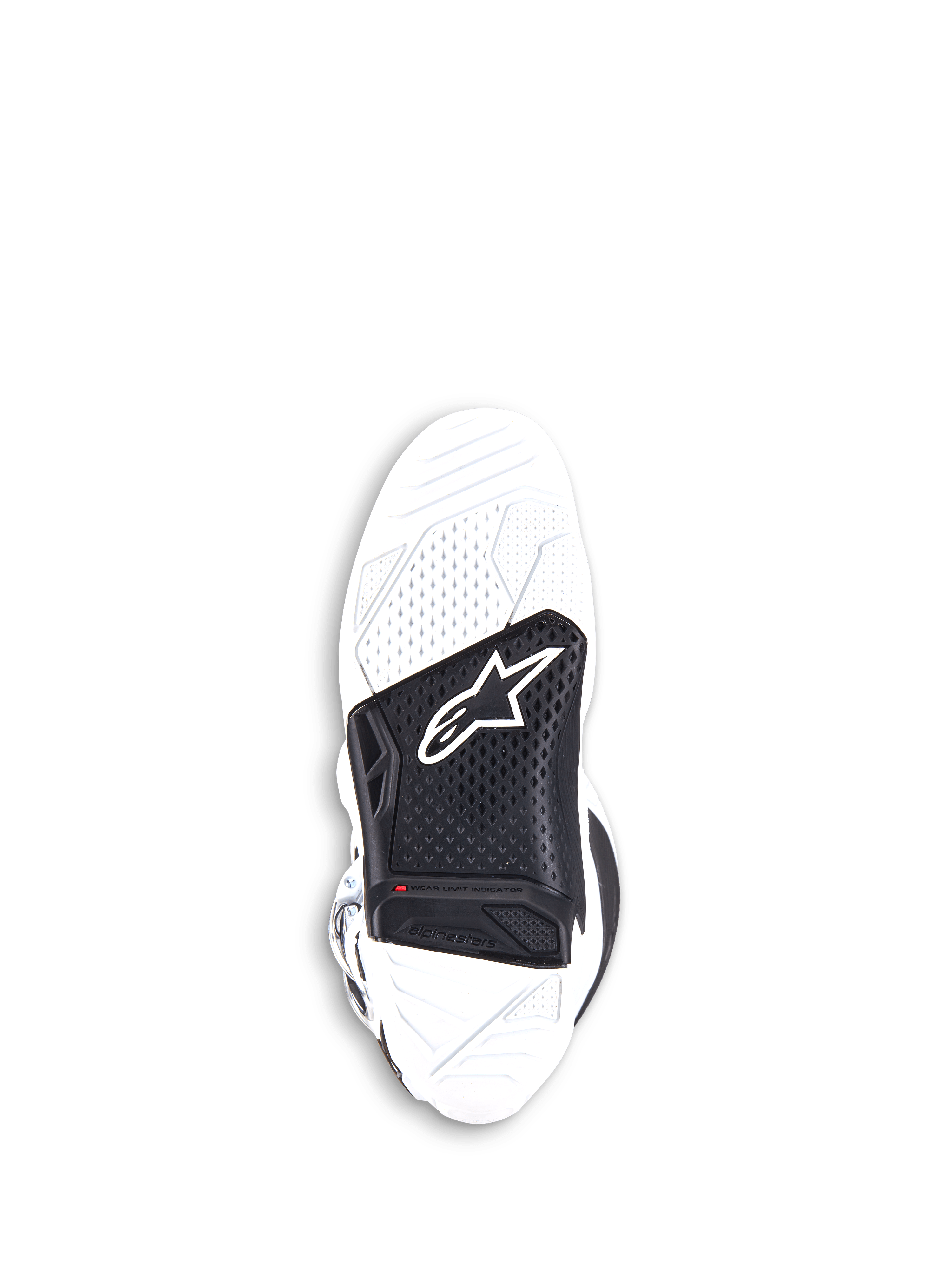 Botas Alpinestars Tech 7, botas de motocross, blancas y negras, vista inferior de la suela de goma vulcanizada de doble compuesto reemplazable con un inserto central negro con el logotipo de Alpinestars y un indicador rojo de límite de desgaste.
