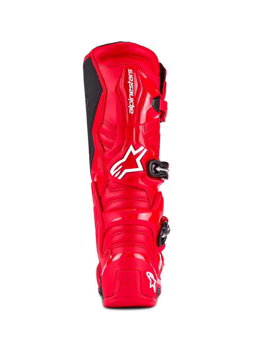 Botas Alpinestars Tech 7, botas de motocross, rojo brillante, vista trasera con carcasa de TPU de alto impacto, marca Alpinestars blanca en la pantorrilla y logotipo 'Tech Series' en el talón, diseñadas para rendimiento y protección off-road