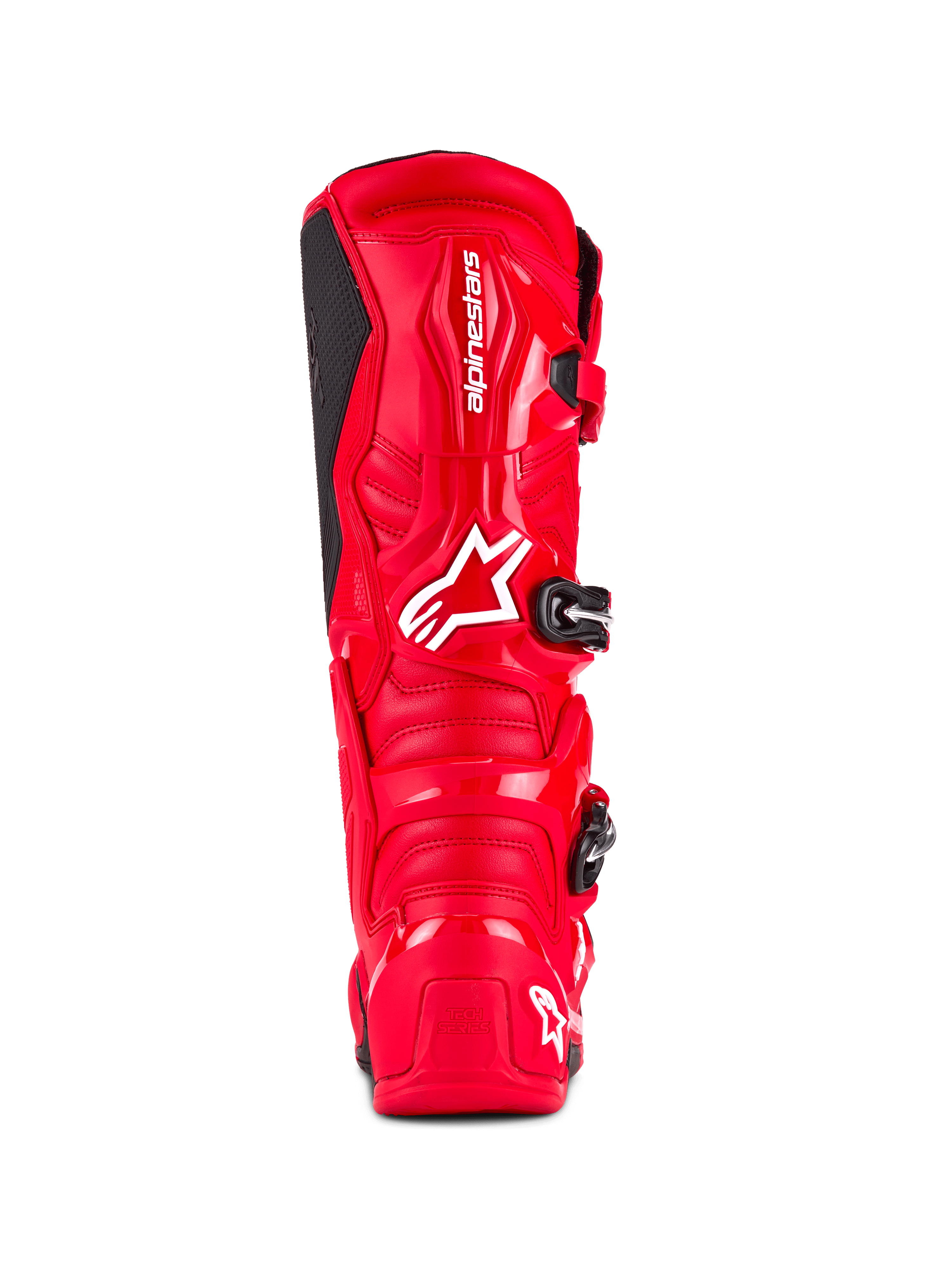 Botas Alpinestars Tech 7, botas de motocross, rojo brillante, vista trasera con carcasa de TPU de alto impacto, marca Alpinestars blanca en la pantorrilla y logotipo 'Tech Series' en el talón, diseñadas para rendimiento y protección off-road