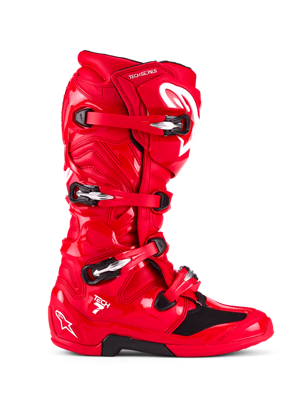Botas Alpinestars Tech 7, botas de motocross, rojo brillante, vista de perfil lateral, con un sistema de cierre de cuatro hebillas, carcasa protectora de TPU, logotipo de Alpinestars blanco y marca "Tech 7", calzado duradero para carreras todoterreno