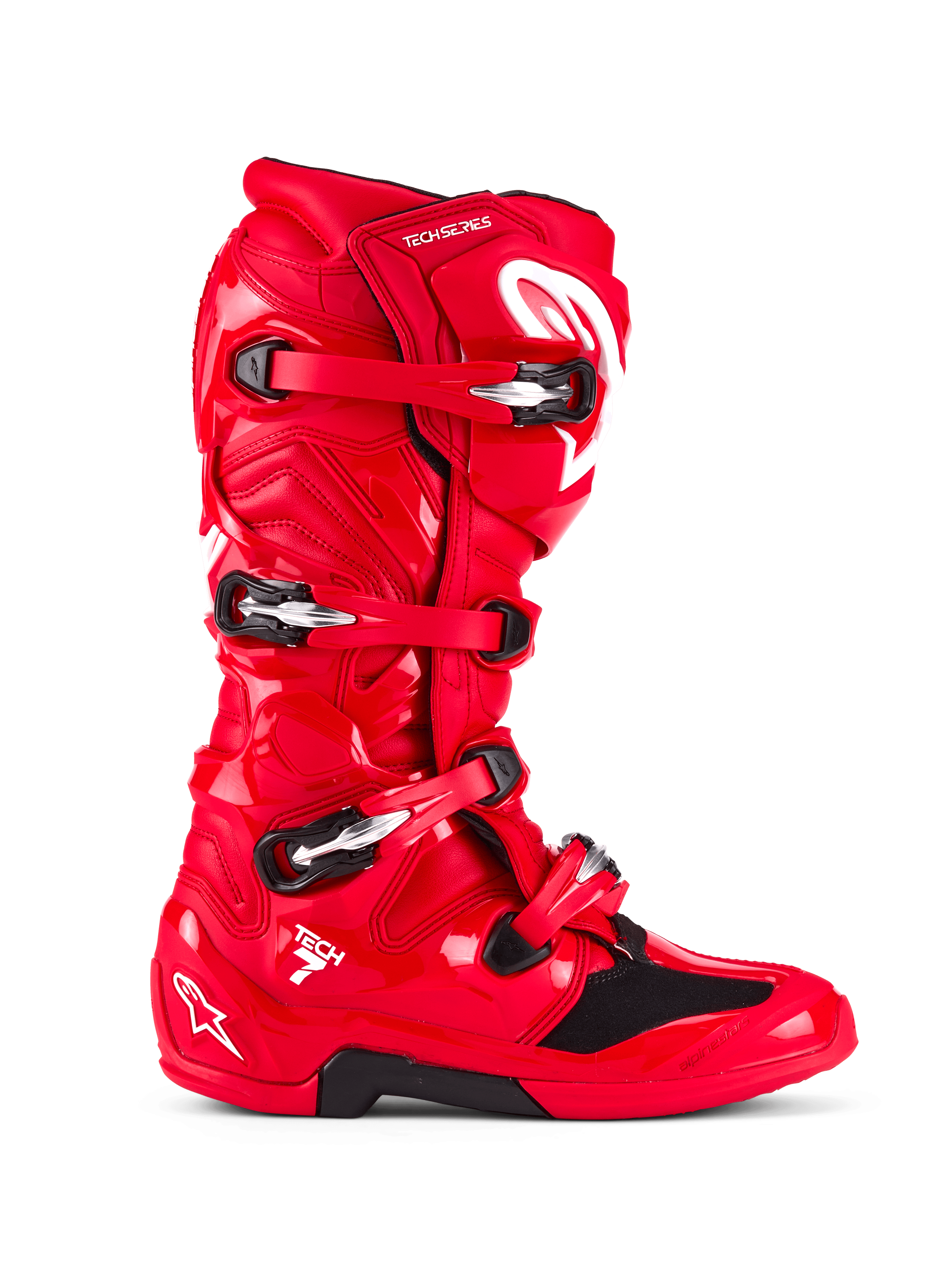 Botas Alpinestars Tech 7, botas de motocross, rojo brillante, vista de perfil lateral, con un sistema de cierre de cuatro hebillas, carcasa protectora de TPU, logotipo de Alpinestars blanco y marca "Tech 7", calzado duradero para carreras todoterreno