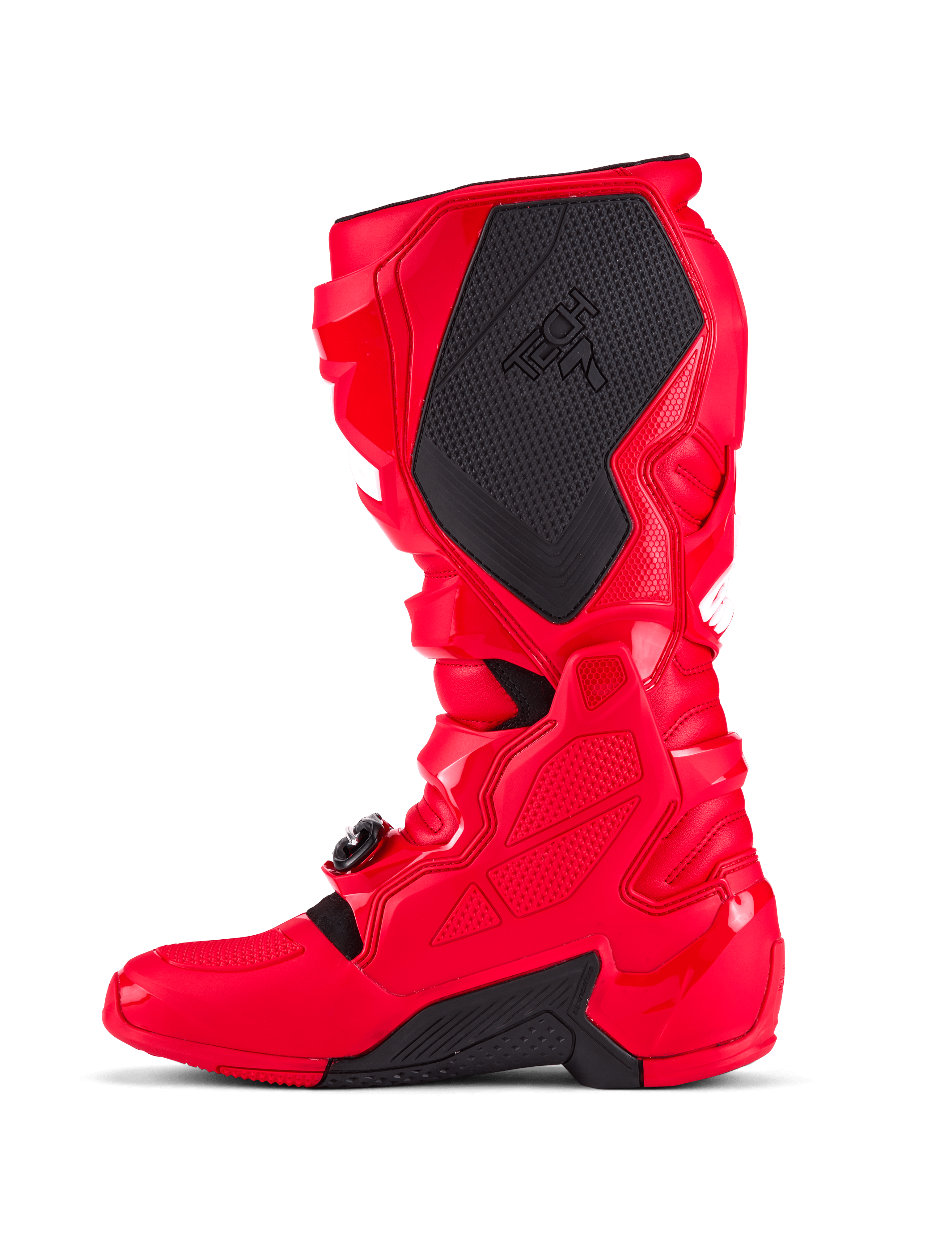 Botas Alpinestars Tech 7, botas de motocross, rojo brillante, vista lateral medial que presenta un gran panel de agarre negro texturizado con la marca Tech 7, carcasa protectora de TPU y sistema de cierre de hebilla ajustable para competición off-road