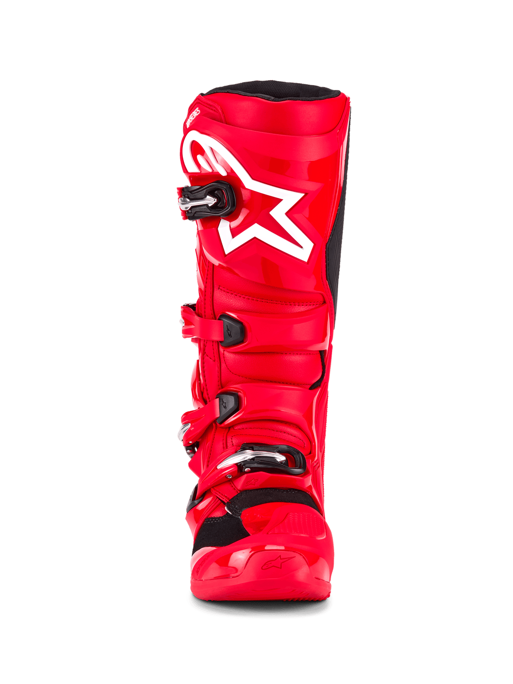 Botas Alpinestars Tech 7, botas de motocross, color rojo brillante, vista frontal con el logo de la estrella blanca en la espinilla, cierres de hebilla negros y carcasa protectora de TPU de alto rendimiento.