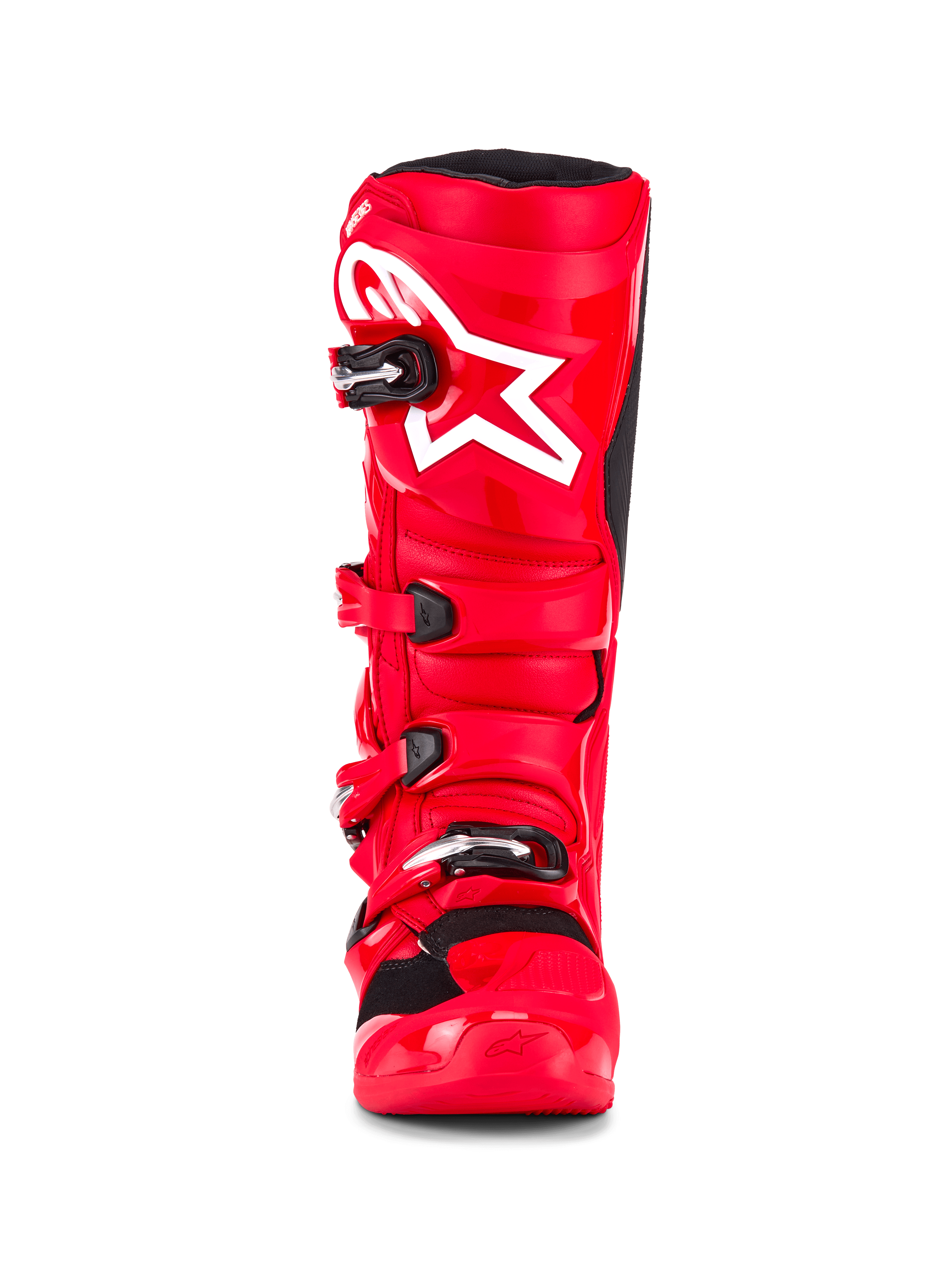 Botas Alpinestars Tech 7, botas de motocross, color rojo brillante, vista frontal con el logo de la estrella blanca en la espinilla, cierres de hebilla negros y carcasa protectora de TPU de alto rendimiento.