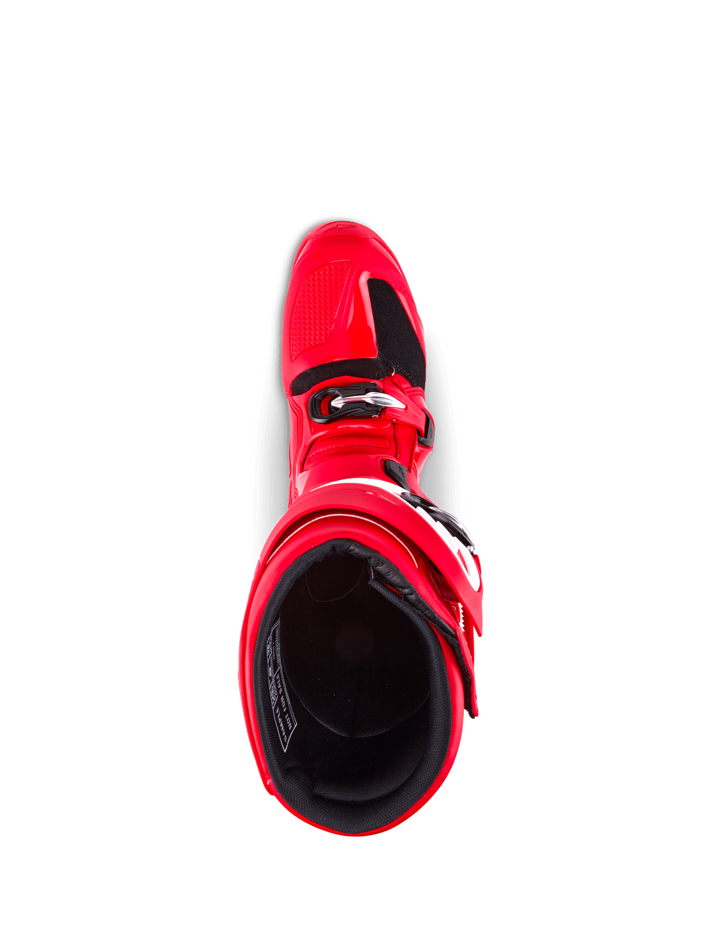 Botas Alpinestars Tech 7, botas de motocross, rojo brillante, vista superior que muestra el forro interior y el cierre de hebilla, construcción de TPU duradera para protección off-road