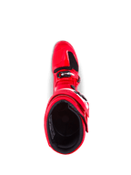 Botas Alpinestars Tech 7, botas de motocross, rojo brillante, vista superior que muestra el forro interior y el cierre de hebilla, construcción de TPU duradera para protección off-road