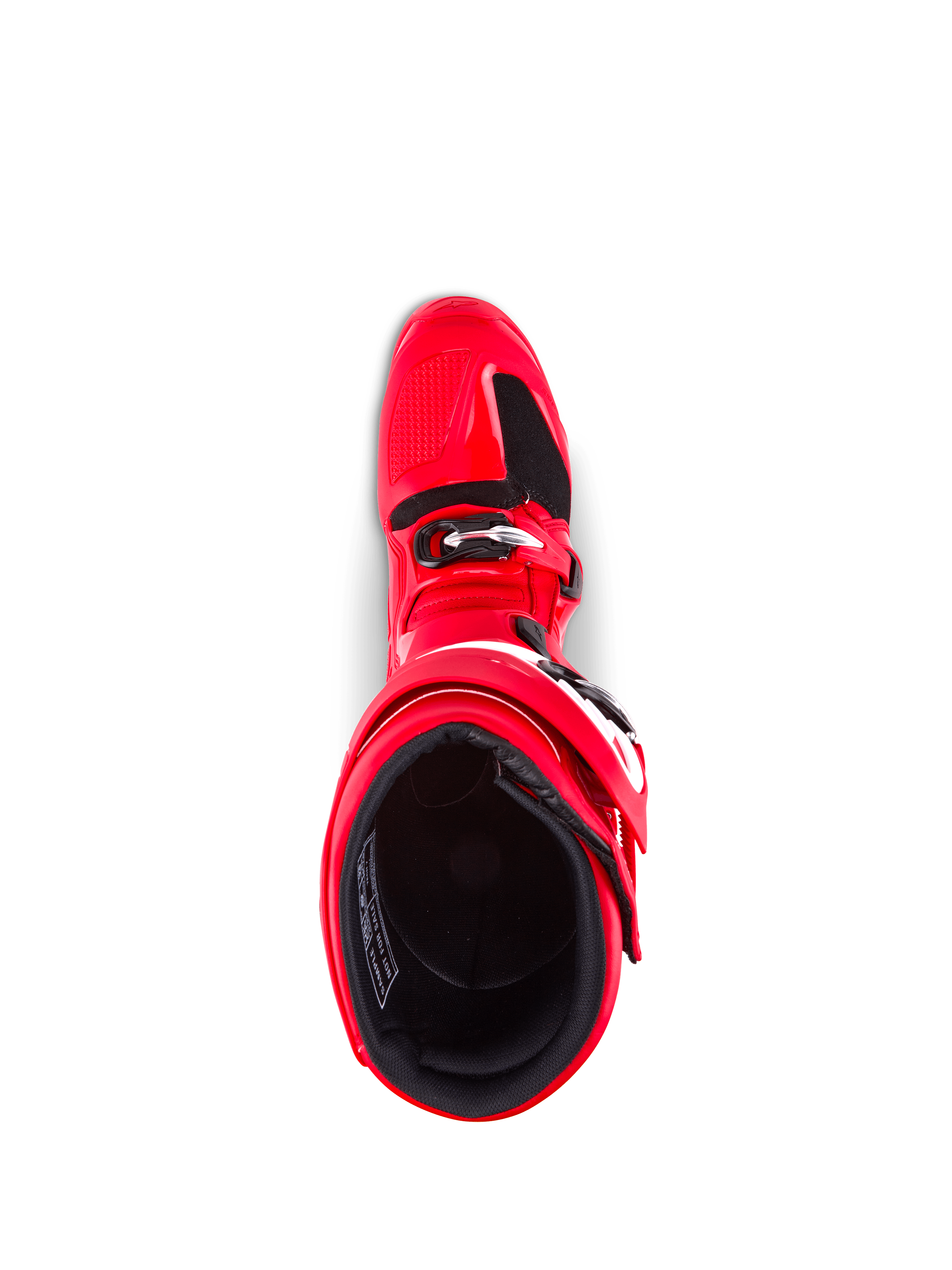 Botas Alpinestars Tech 7, botas de motocross, rojo brillante, vista superior que muestra el forro interior y el cierre de hebilla, construcción de TPU duradera para protección off-road