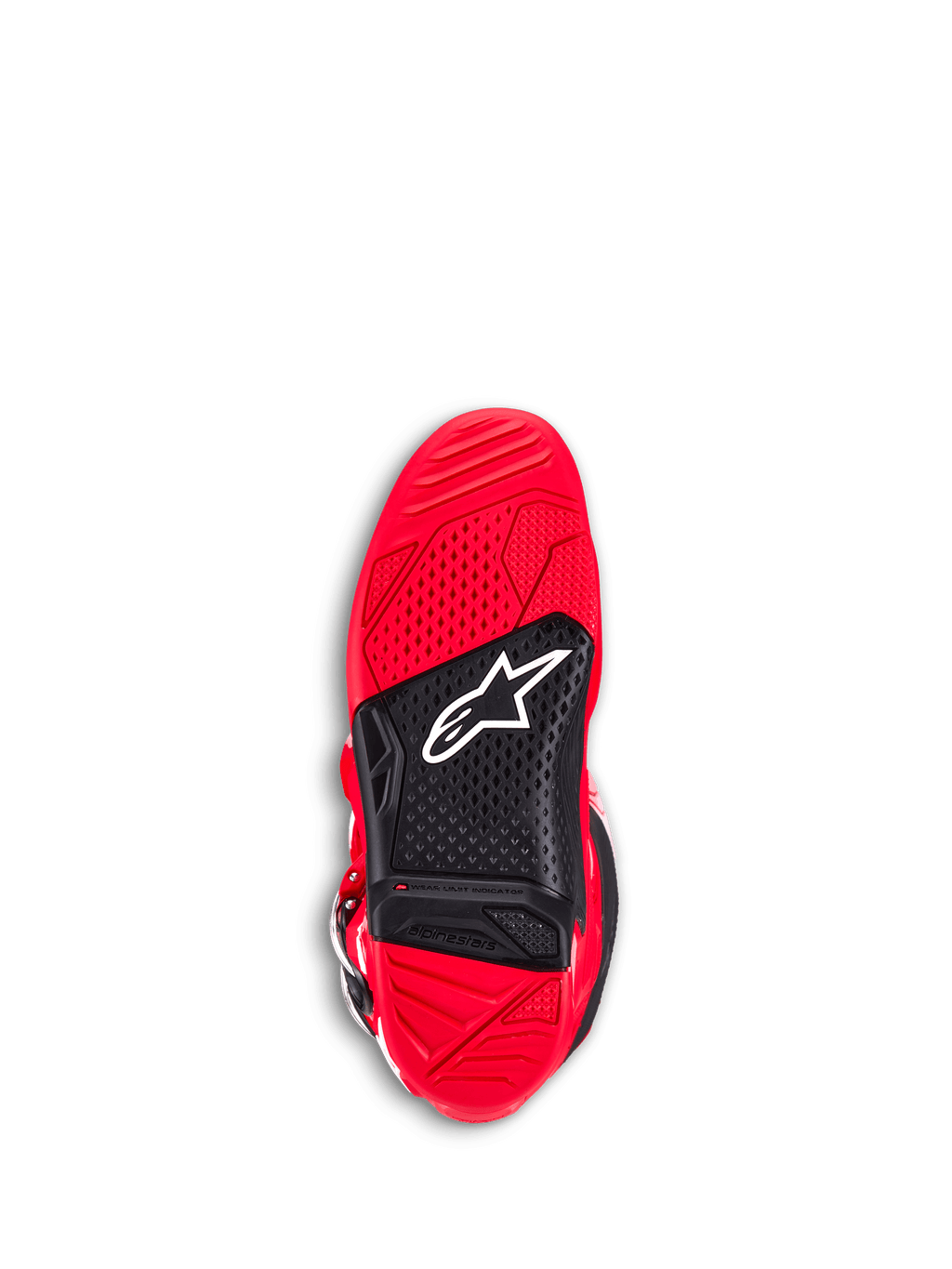 Botas Alpinestars Tech 7, botas de motocross, rojo brillante, vista inferior de la suela con caucho de doble compuesto rojo y negro, agarre texturizado para las estriberas, logotipo Astar blanco e indicador de límite de desgaste visible.