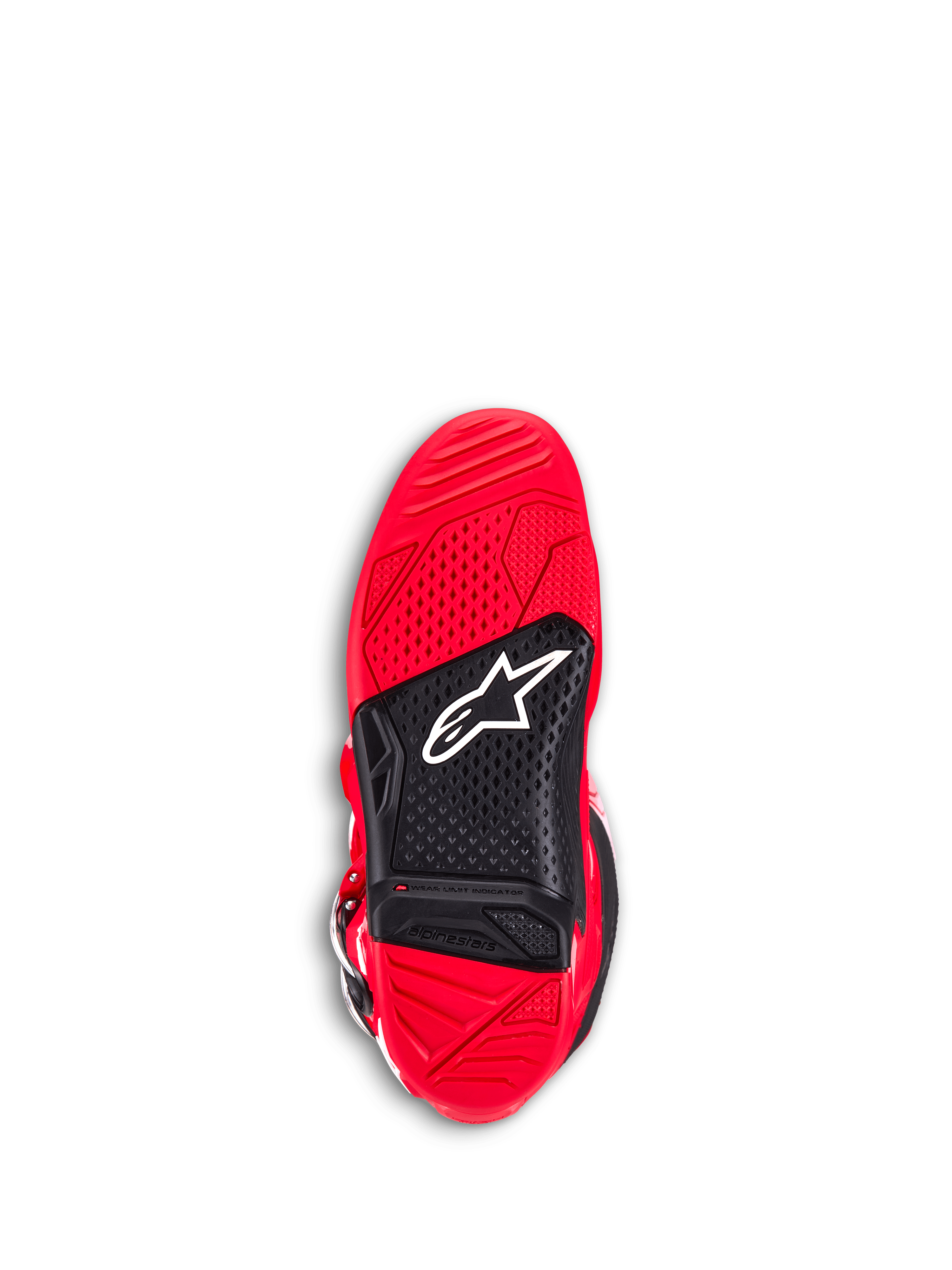 Botas Alpinestars Tech 7, botas de motocross, rojo brillante, vista inferior de la suela con caucho de doble compuesto rojo y negro, agarre texturizado para las estriberas, logotipo Astar blanco e indicador de límite de desgaste visible.