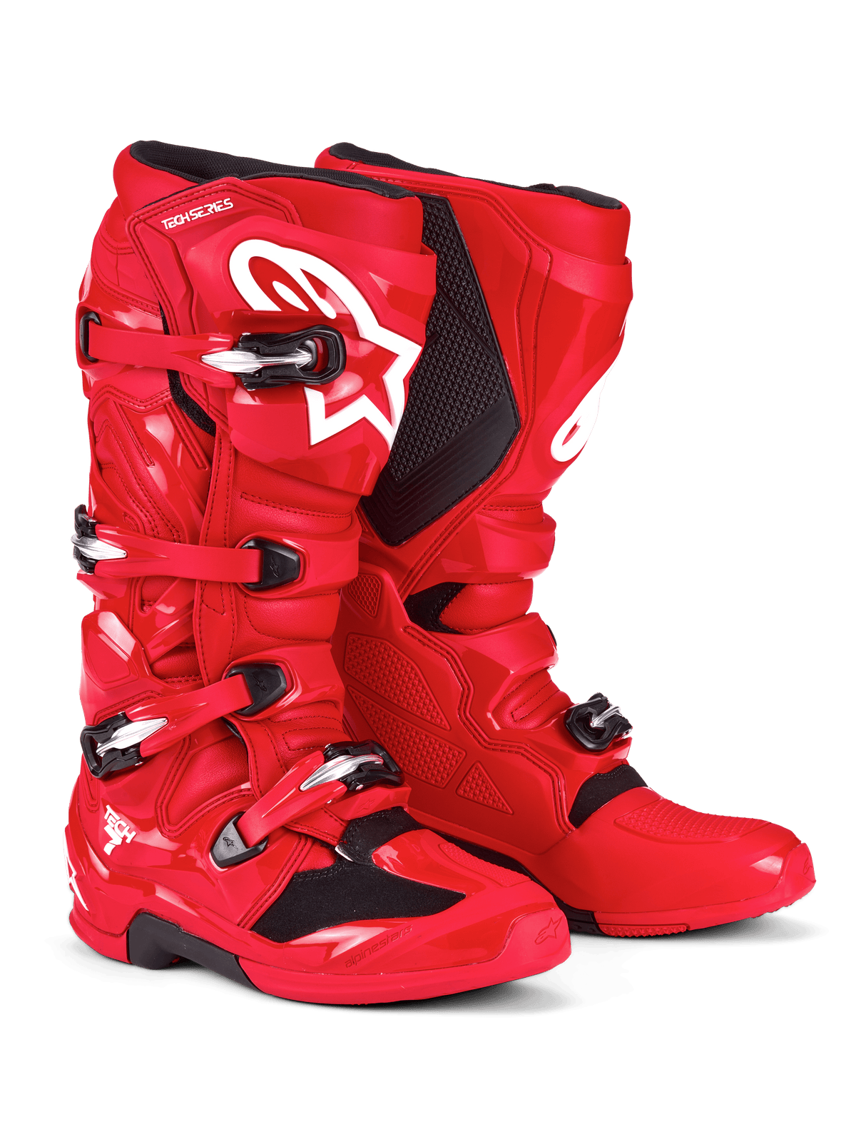 Botas Alpinestars Tech 7, botas de motocross, rojo brillante, con logo blanco de Astars en la espinilla, sistema de cierre de hebillas plateadas y negras, y carcasa protectora de TPU para rendimiento off-road