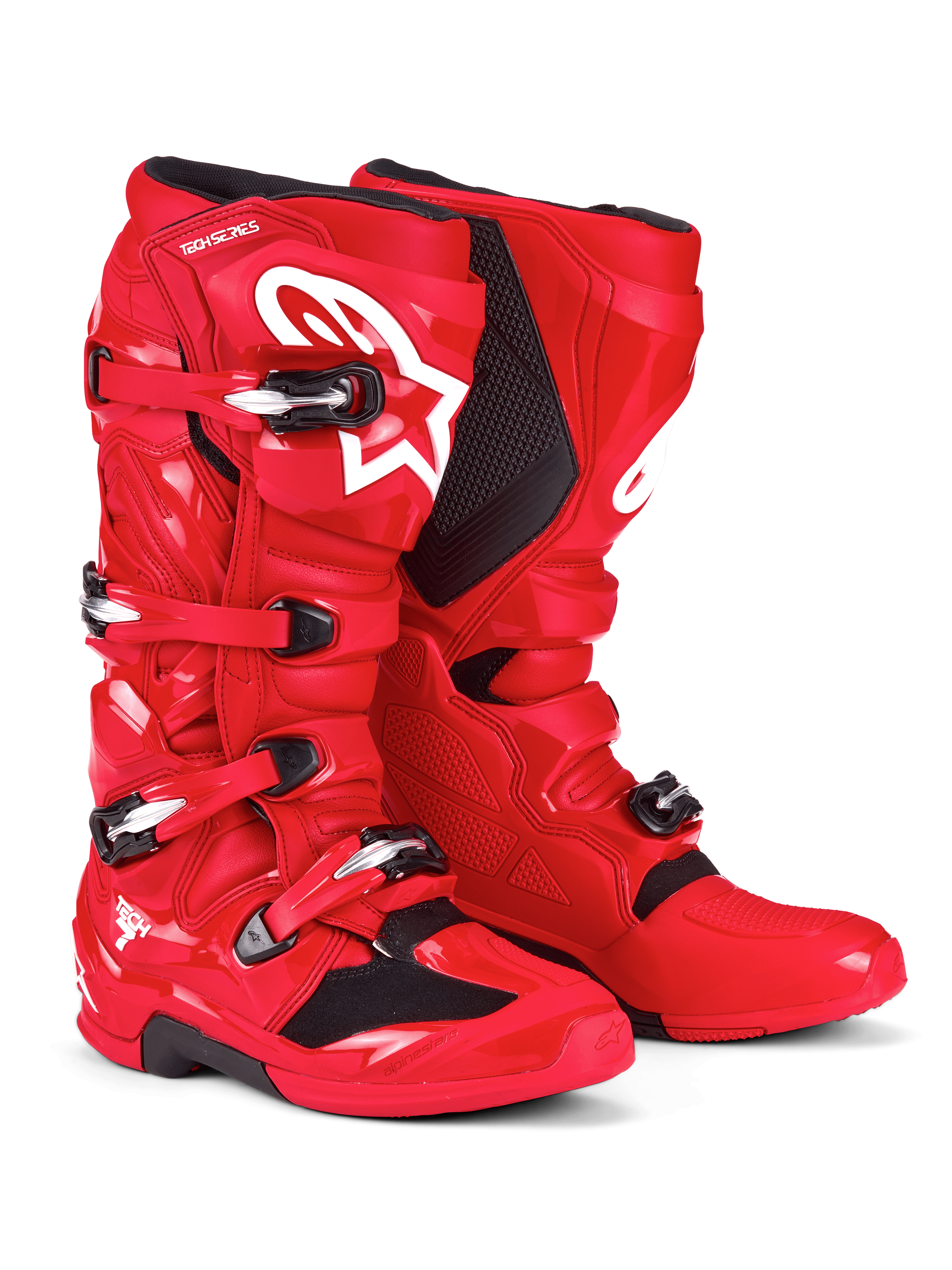 Botas Alpinestars Tech 7, botas de motocross, rojo brillante, con logo blanco de Astars en la espinilla, sistema de cierre de hebillas plateadas y negras, y carcasa protectora de TPU para rendimiento off-road