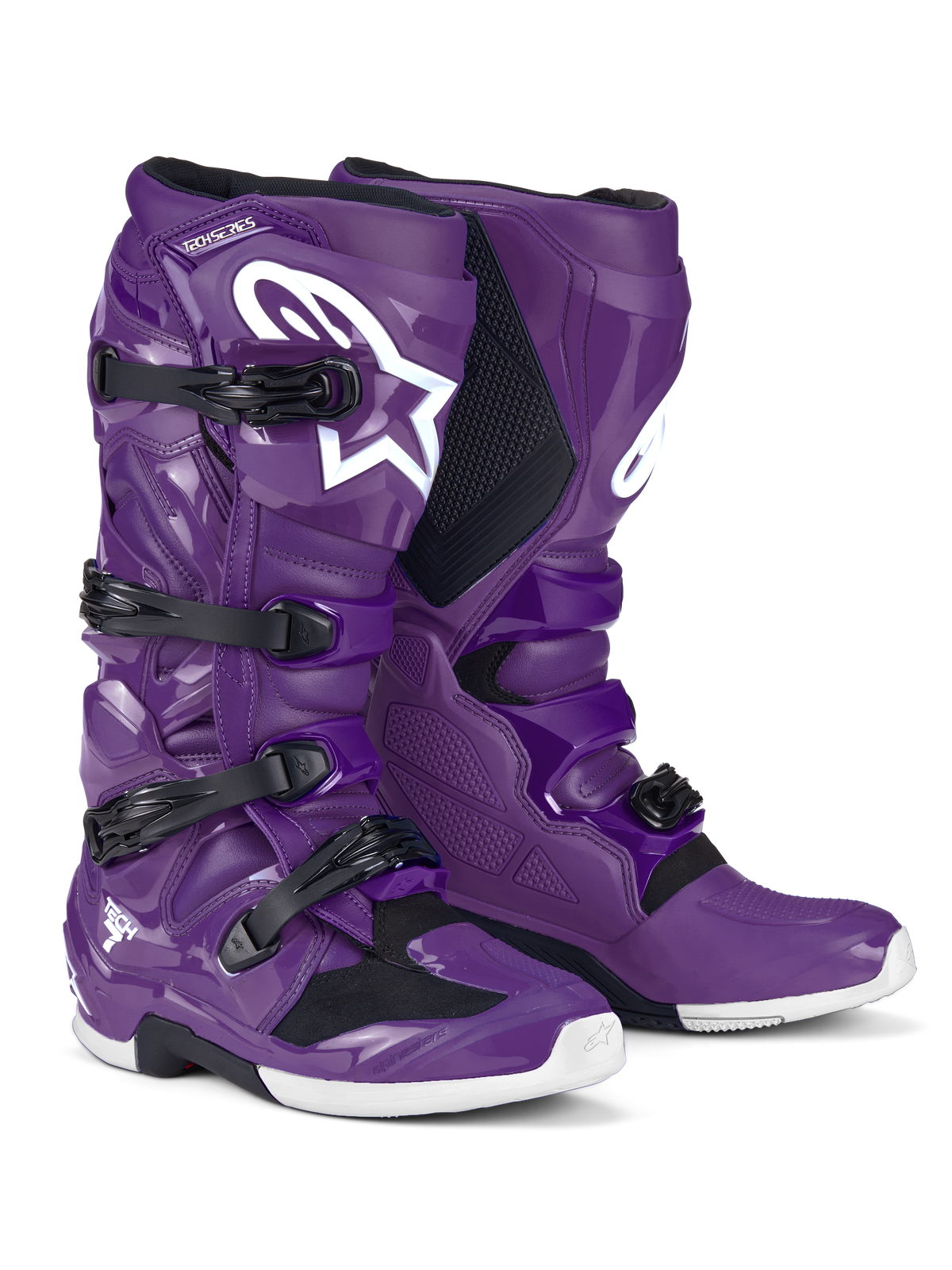 Botas Alpinestars Tech 7, botas de motocross, moradas, con hebillas negras y un gran logotipo de Astars en blanco, diseño protector de alto rendimiento con cierre de cuatro correas y carcasa de TPU duradera para carreras todoterreno
