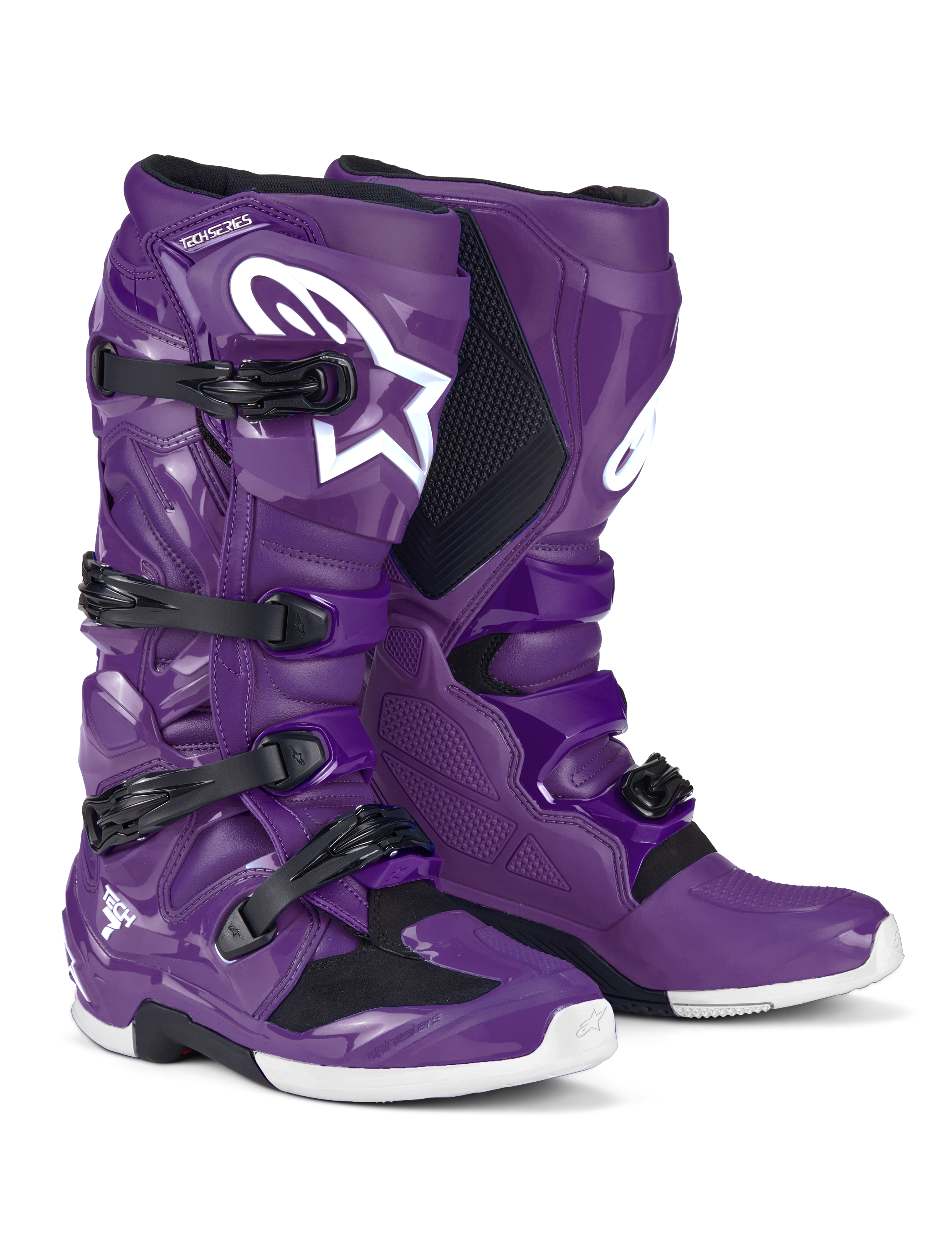 Botas Alpinestars Tech 7, botas de motocross, moradas, con hebillas negras y un gran logotipo de Astars en blanco, diseño protector de alto rendimiento con cierre de cuatro correas y carcasa de TPU duradera para carreras todoterreno