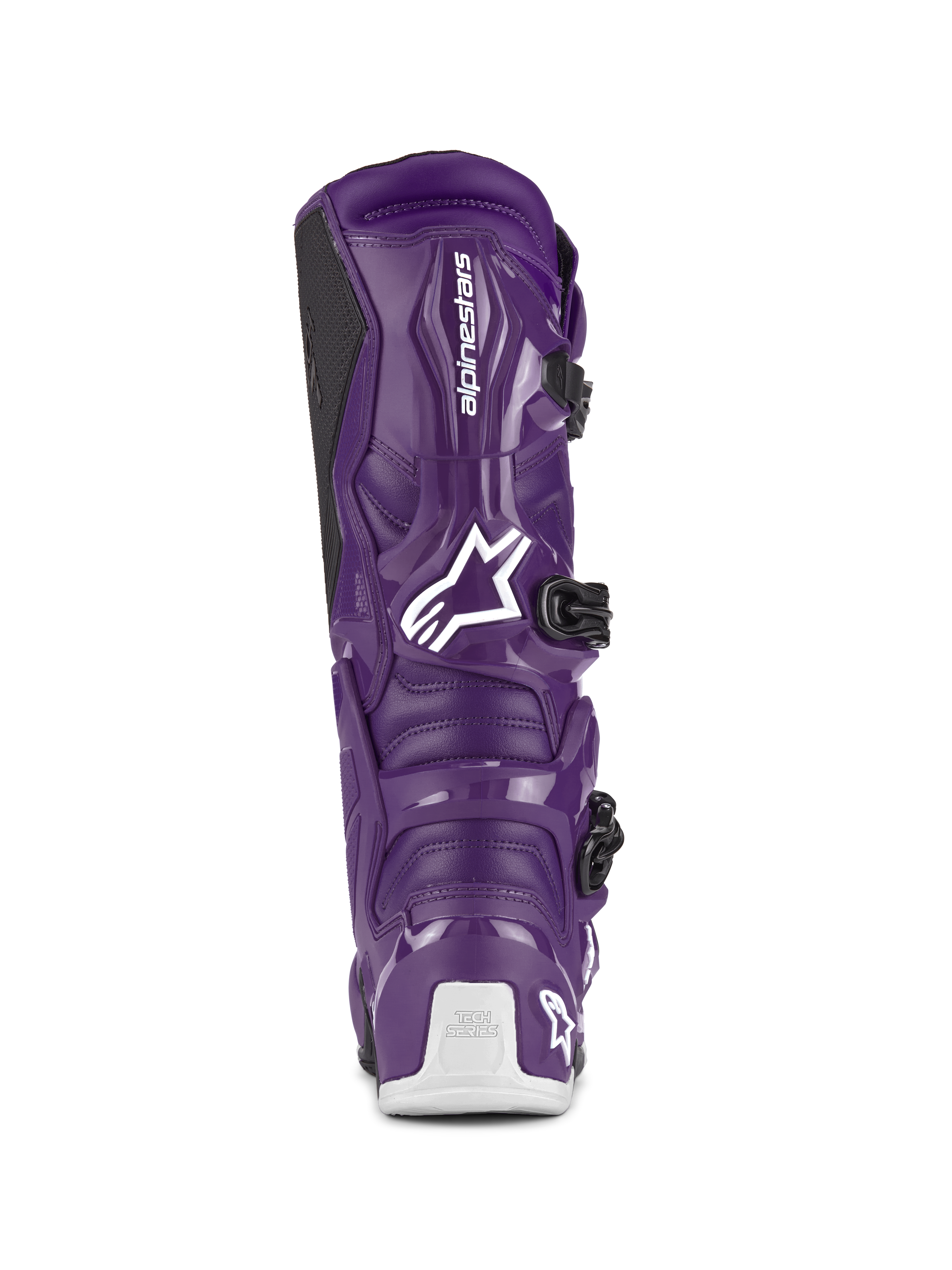 Botas Alpinestars Tech 7, botas de motocross, moradas, vista trasera que muestra el logo blanco de Alpinestars y la marca Tech Series en el talón, cierres de hebilla negros, construcción duradera de TPU y material sintético para carreras todoterreno