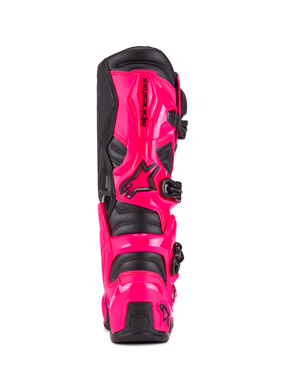 Botas Alpinestars Tech 7, botas de motocross, rosa Diva y negro, vista trasera que muestra la protección de TPU de alto impacto en el talón y la pantorrilla, sistema de hebillas negras, construcción duradera para conducción off-road