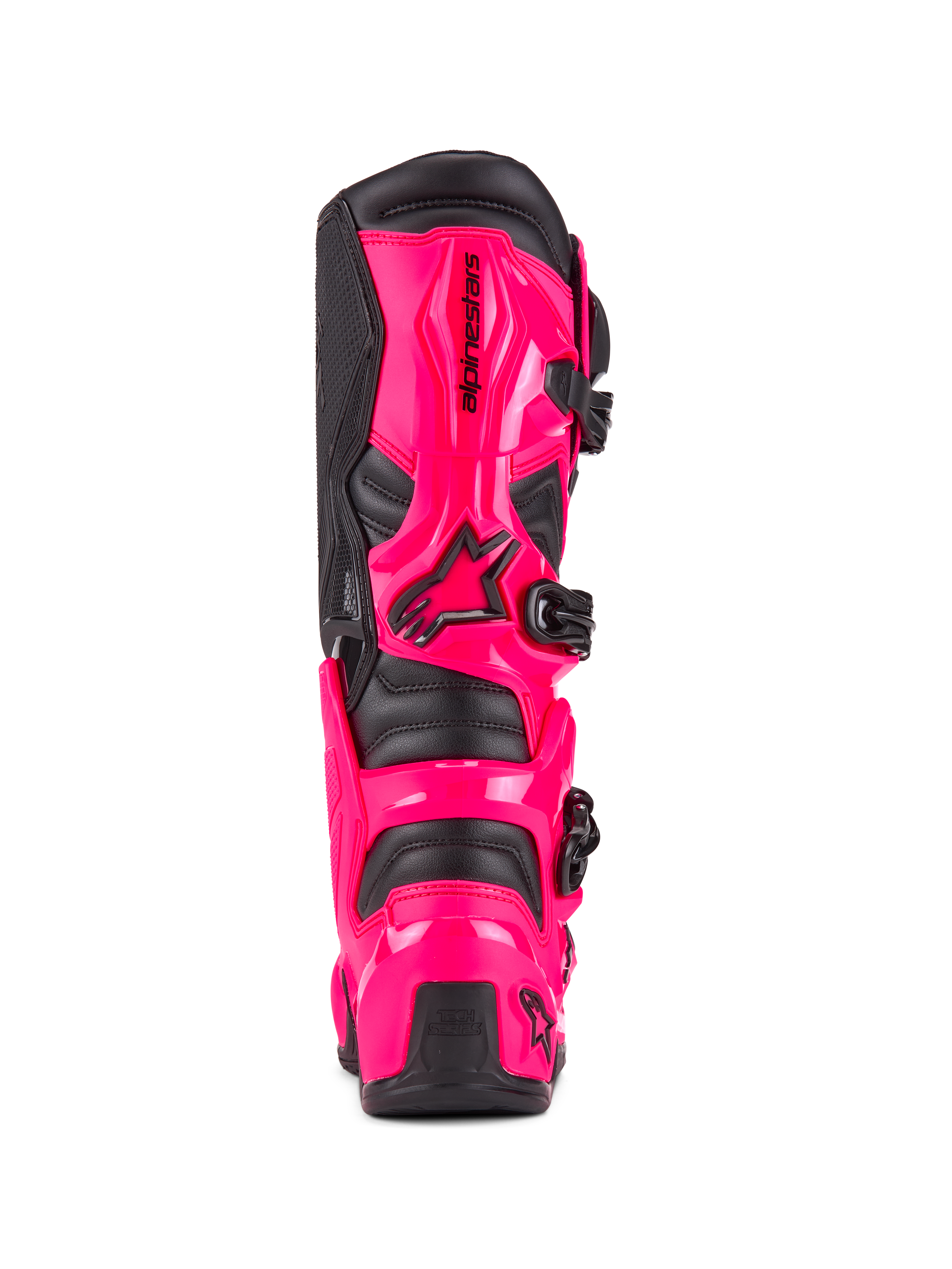 Botas Alpinestars Tech 7, botas de motocross, rosa Diva y negro, vista trasera que muestra la protección de TPU de alto impacto en el talón y la pantorrilla, sistema de hebillas negras, construcción duradera para conducción off-road