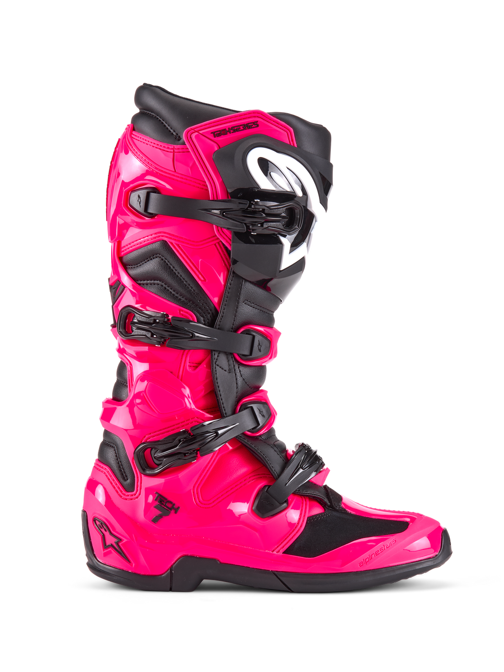 Botas Alpinestars Tech 7, botas de motocross y off-road, rosa Diva y negro, carcasa de TPU rosa brillante con detalles negros, cuatro hebillas negras ajustables, protección de espinilla reforzada, calzado de competición profesional